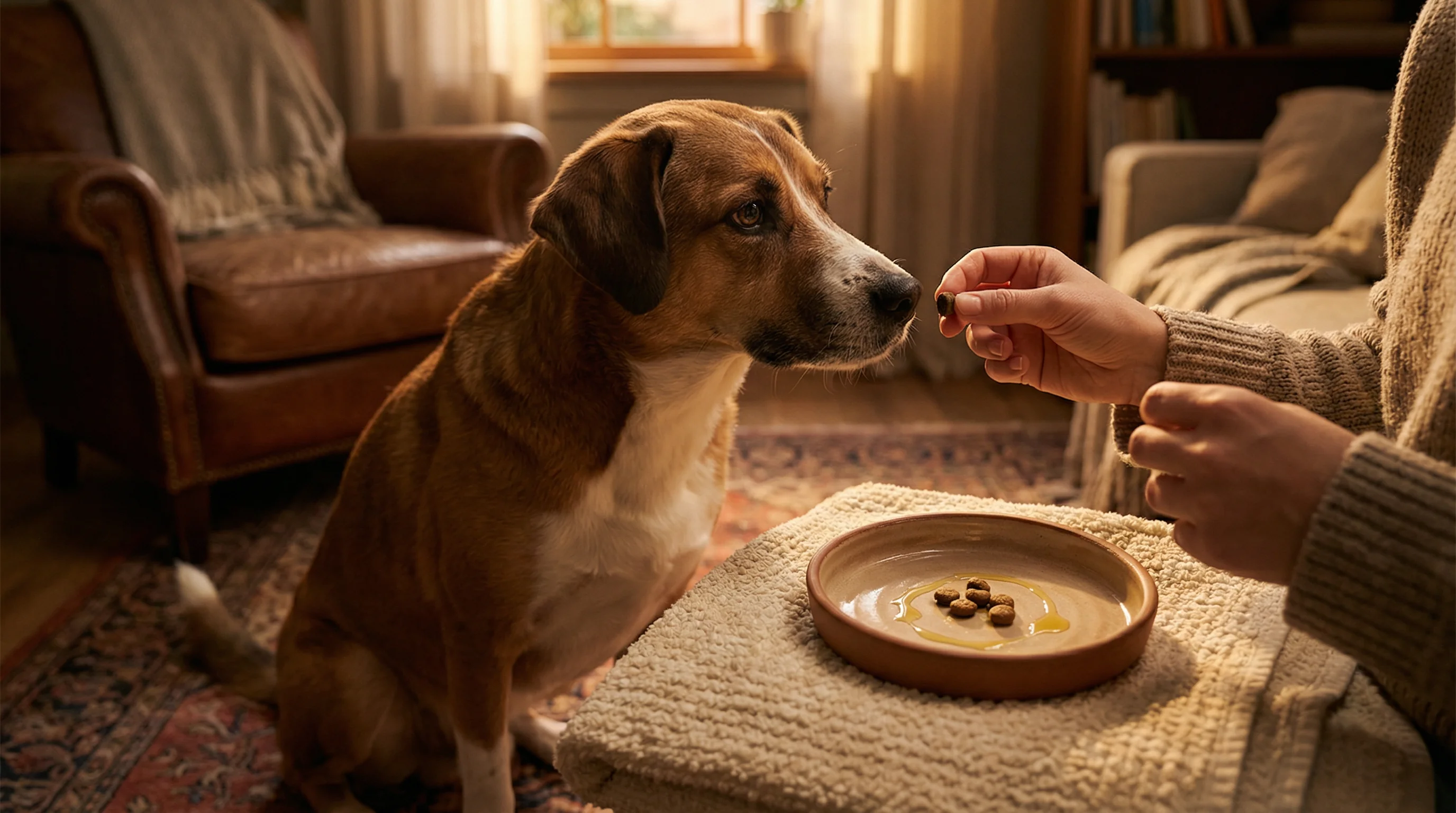 Cozy indoor living room at early evening; a medium brown-and-white mixed-breed dog sitting attentively after a short training/nosework game; only the 