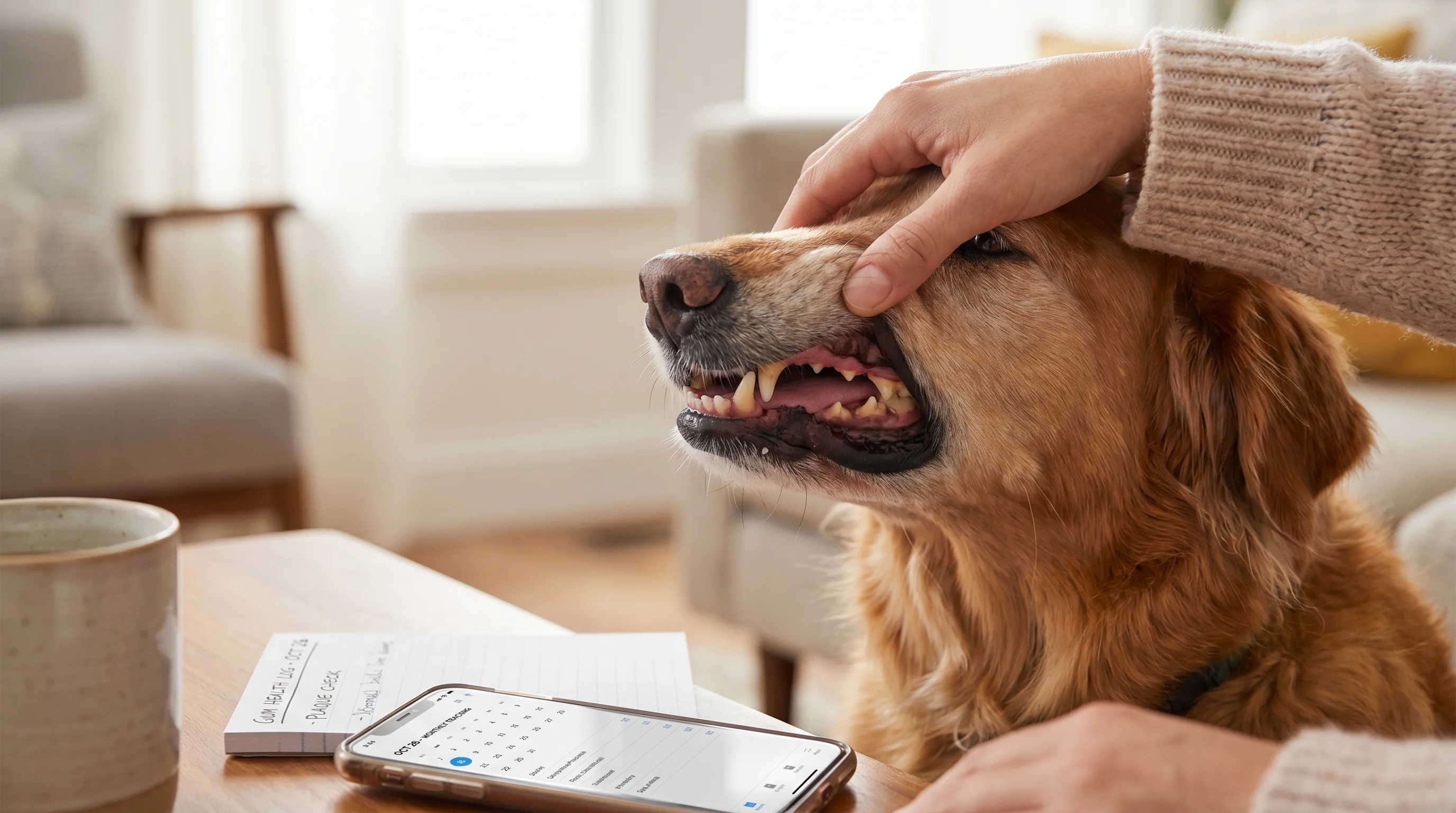 Close-up of a calm medium-sized dog in a bright home as a person's hand gently lifts the dog's lip to inspect the gumline and teeth; sharp focus on th