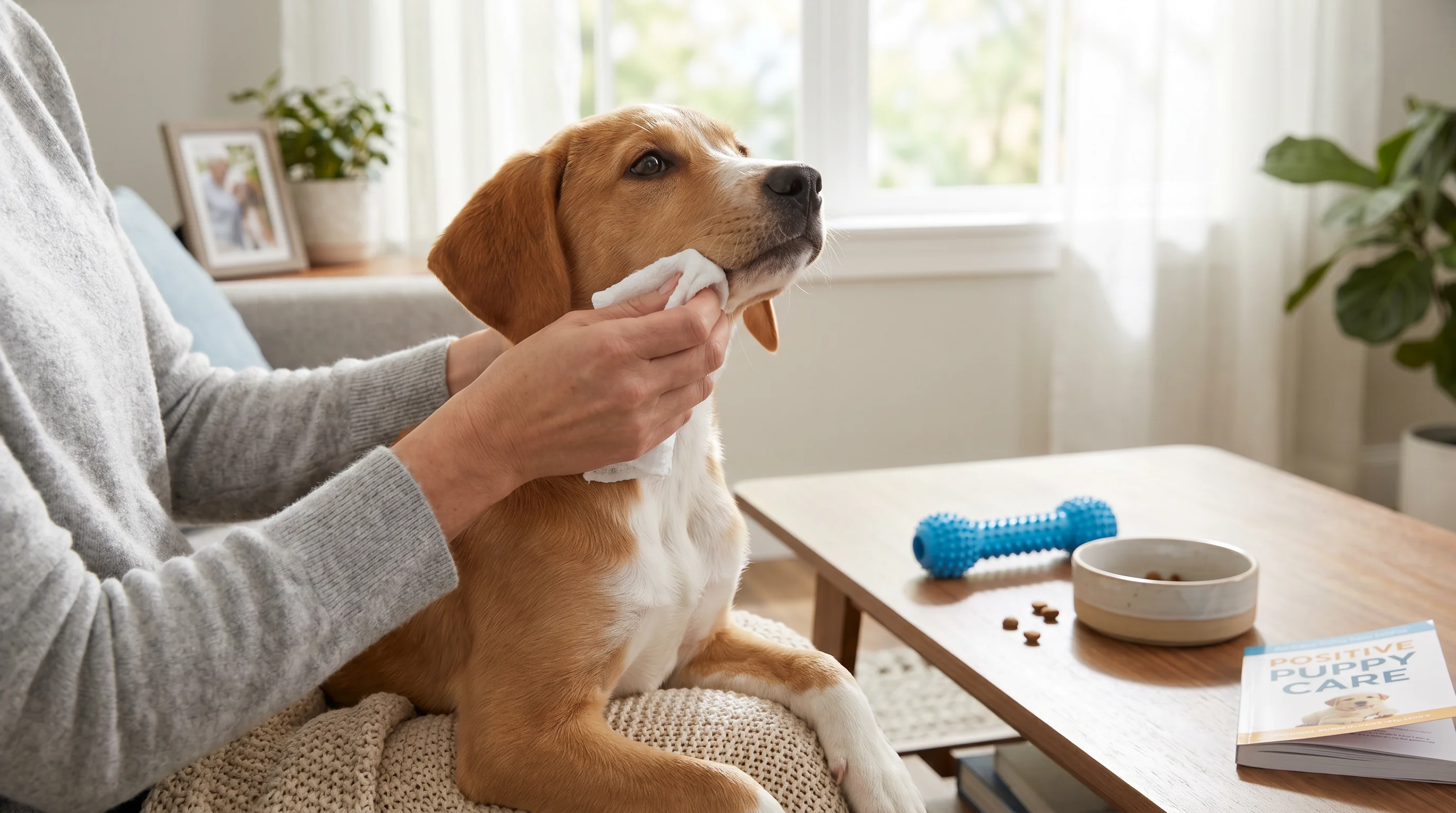 A cozy home scene with a 5–6 month old mixed-breed puppy calmly accepting a gentle gum wipe: only the owner’s hands visible (no faces), using a soft d