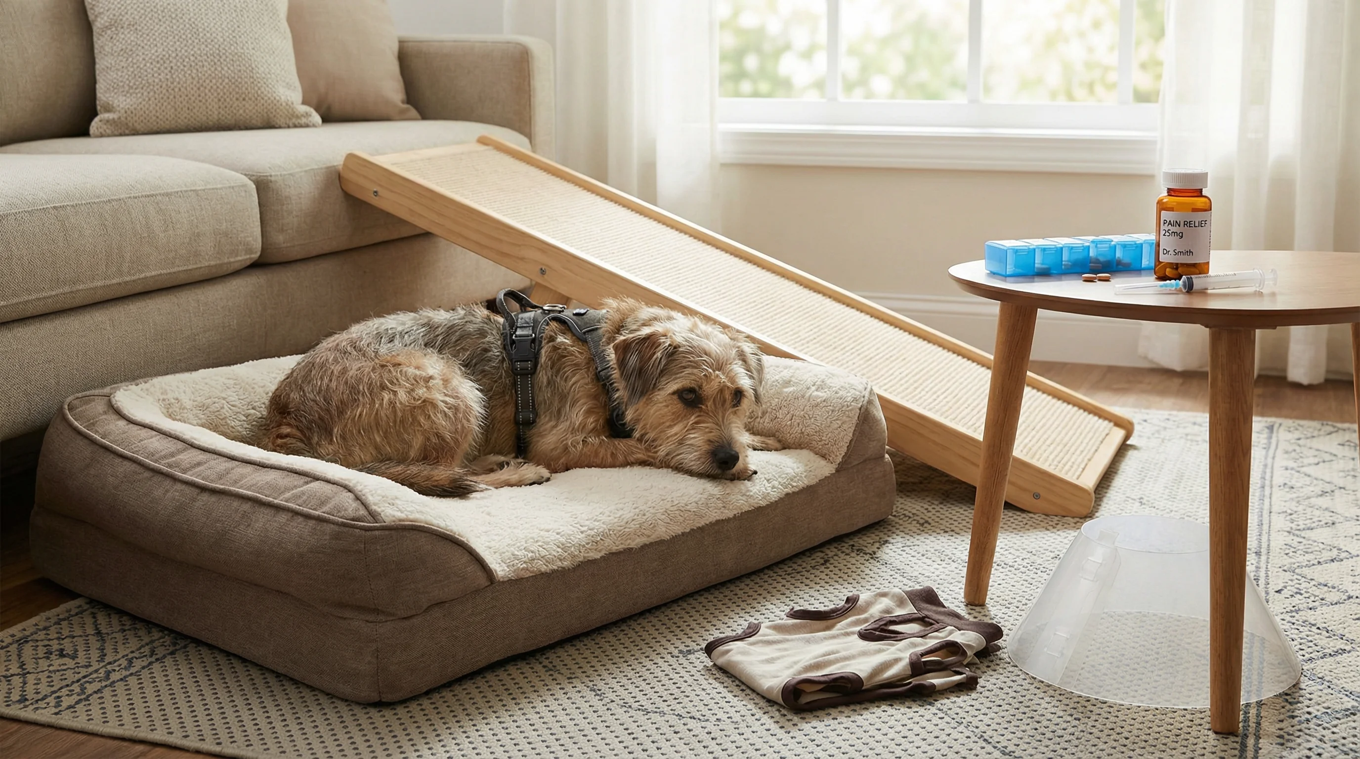 A medium-sized mixed-breed dog resting on a dog bed in a tidy living room with non-slip rugs and a low ramp by the couch; a front-clip harness on the