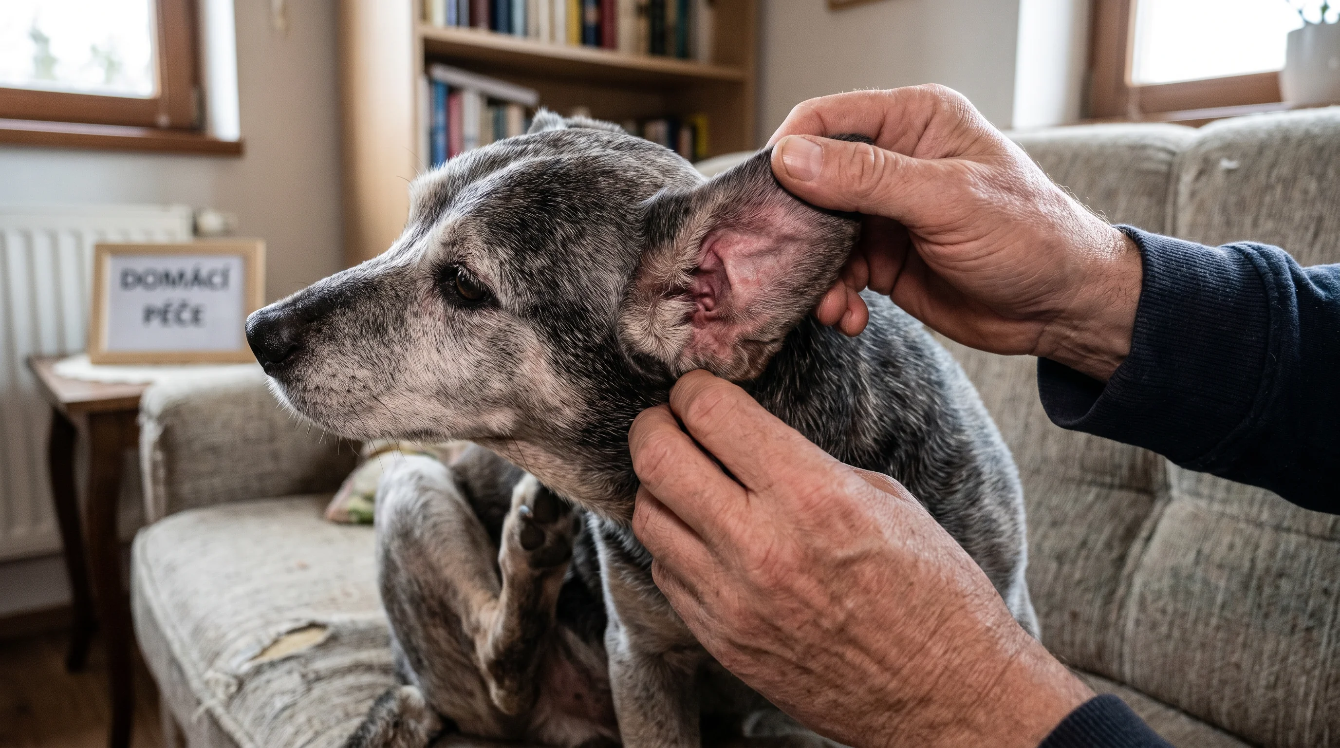 Documentary-style close-up of a senior short-haired dog at home, the dog is scratching its ear while a person’s hands (no face visible) gently part th