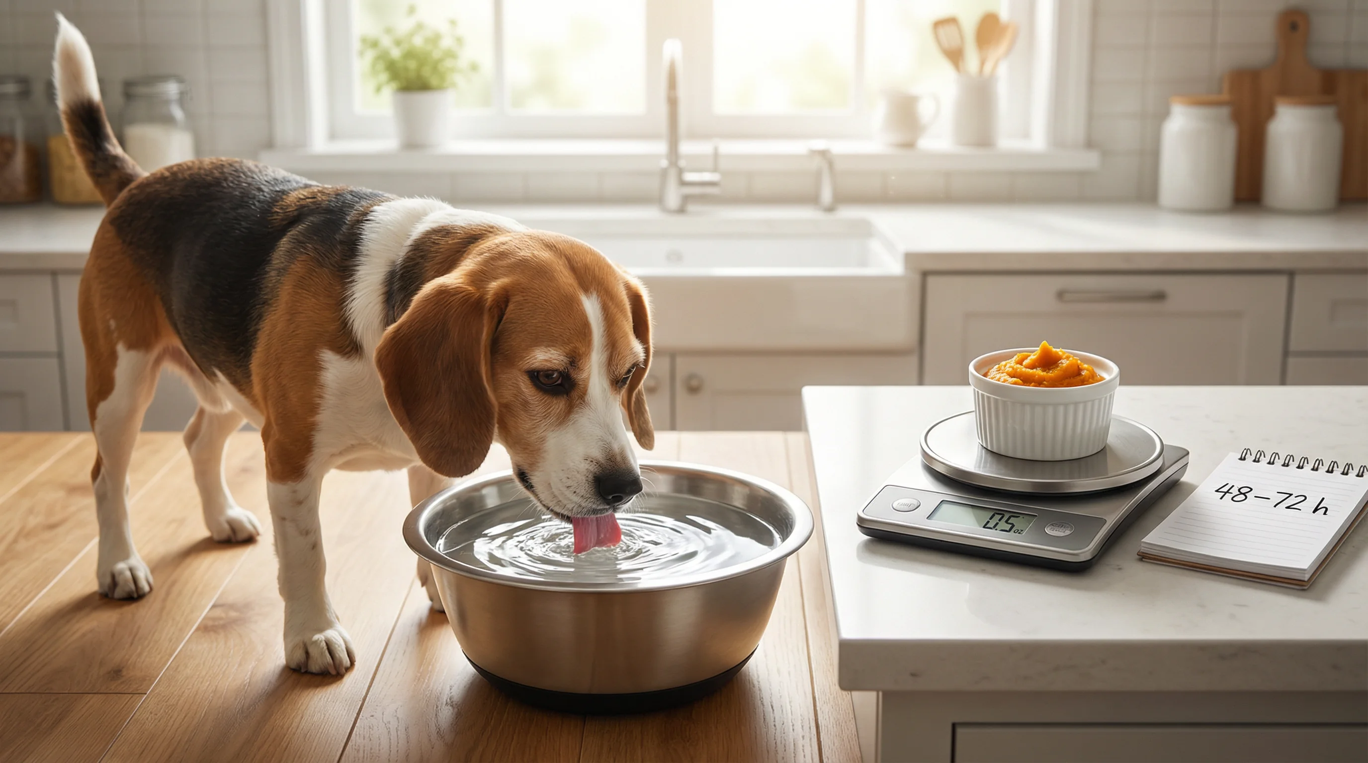 A medium-sized beagle mix drinking fresh water from a stainless steel bowl in a bright kitchen. Beside the bowl, a teaspoon of plain, unsweetened pump