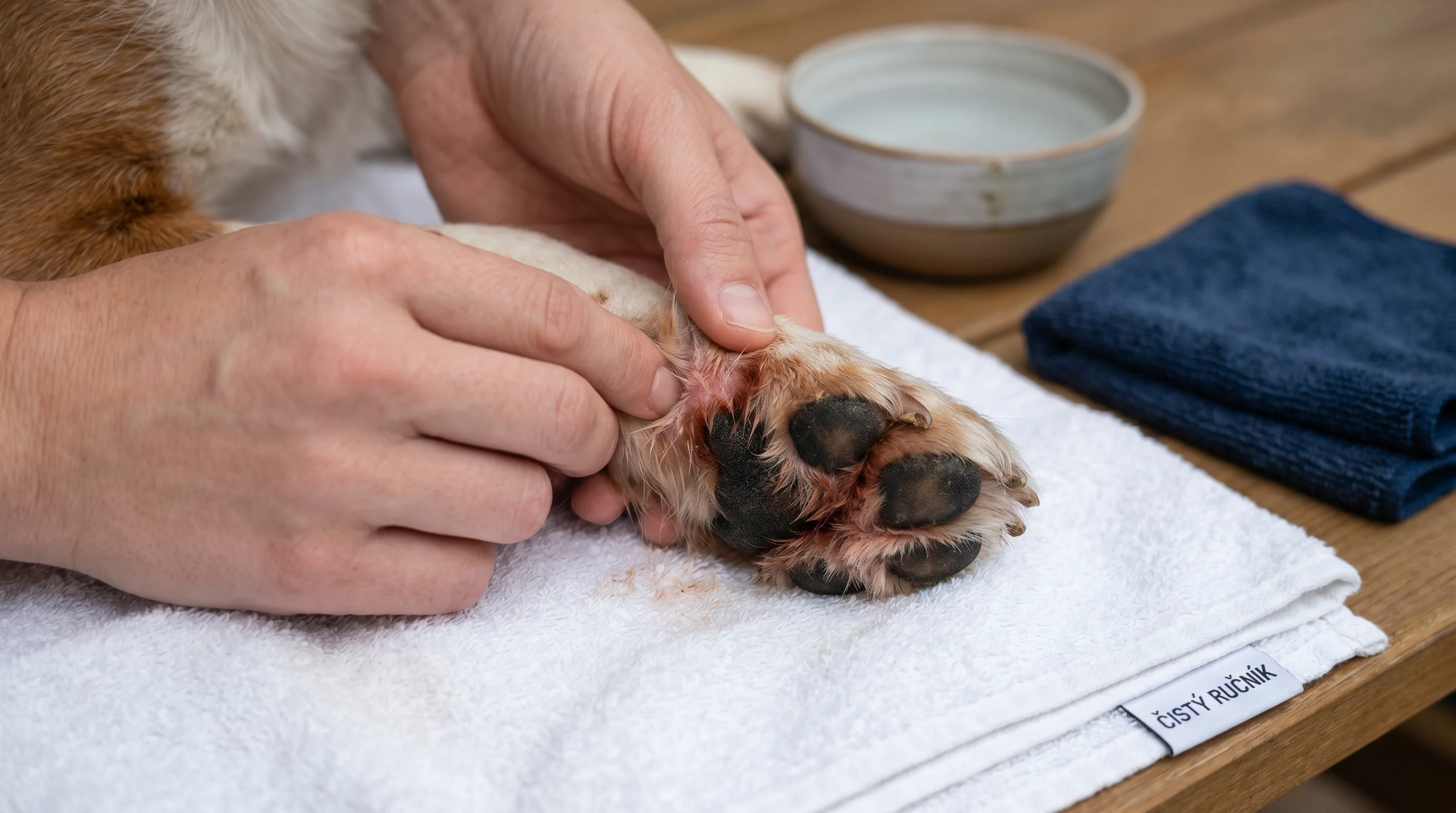 Tight close-up of a medium-sized dog's front paw being gently spread by the owner's hands on a clean white towel at home; focus on the interdigital ar