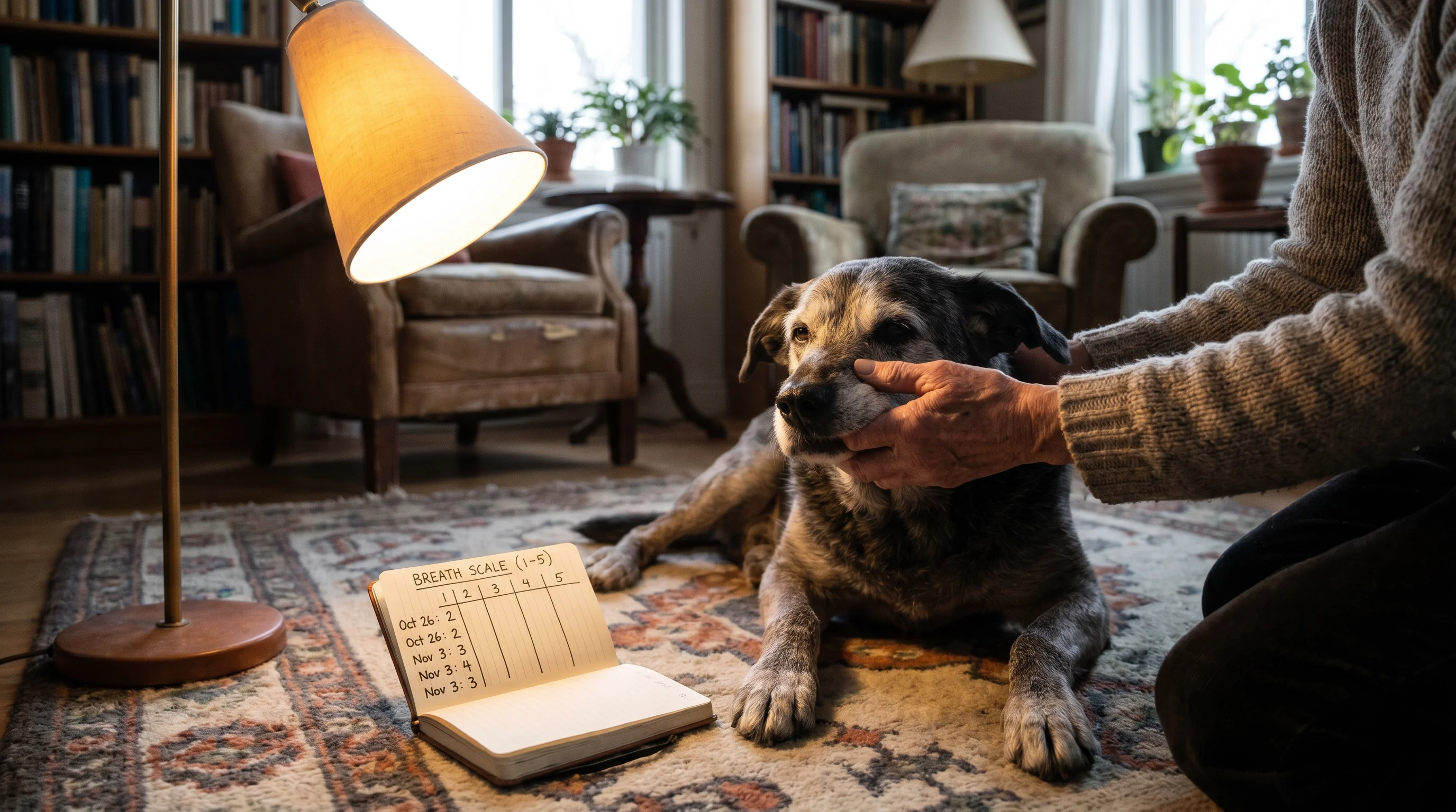 Senior mixed-breed dog on a rug while a person's hands gently lift the lip to check gum lines under a bright floor lamp; a simple notebook beside the 