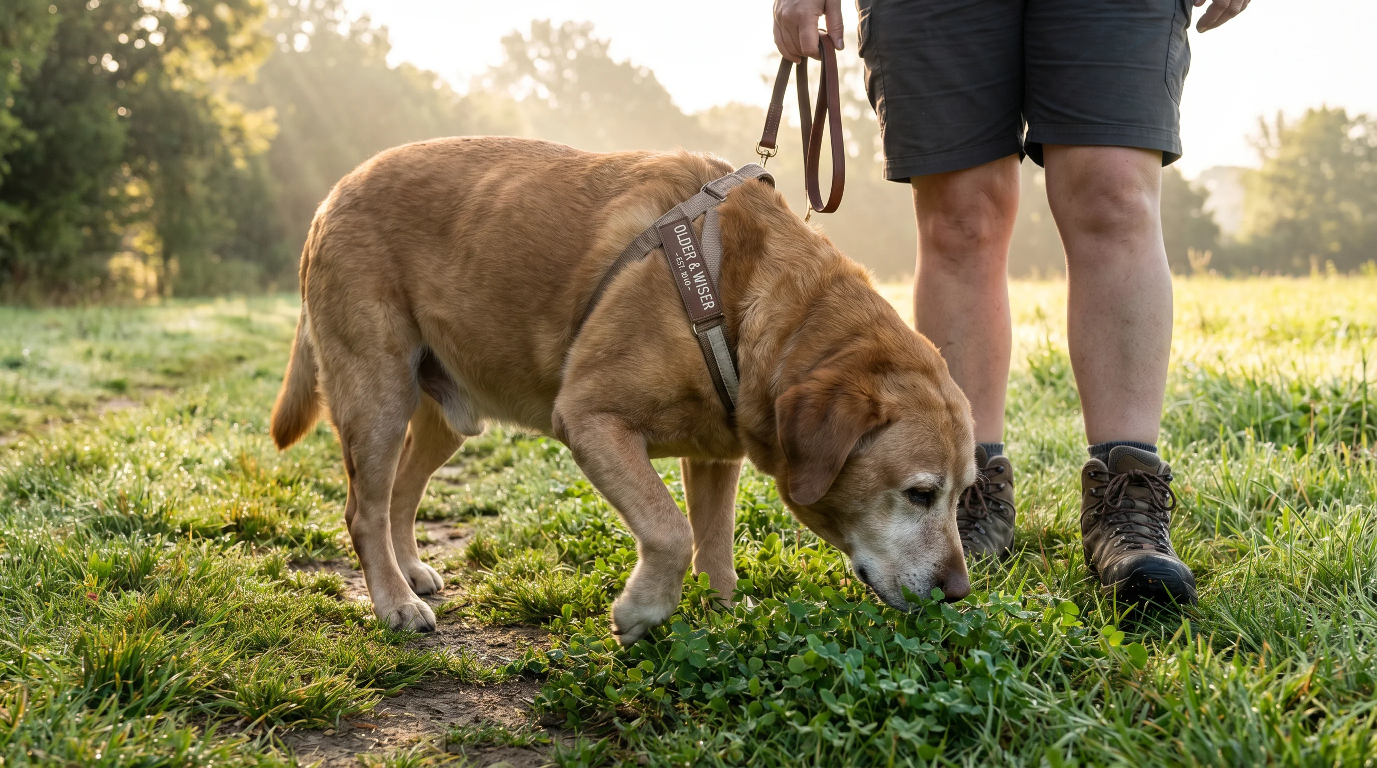 An overweight senior Labrador on a short lead walking slowly on a flat, grassy park path, nose down sniffing calmly. Close framing from the handler’s 