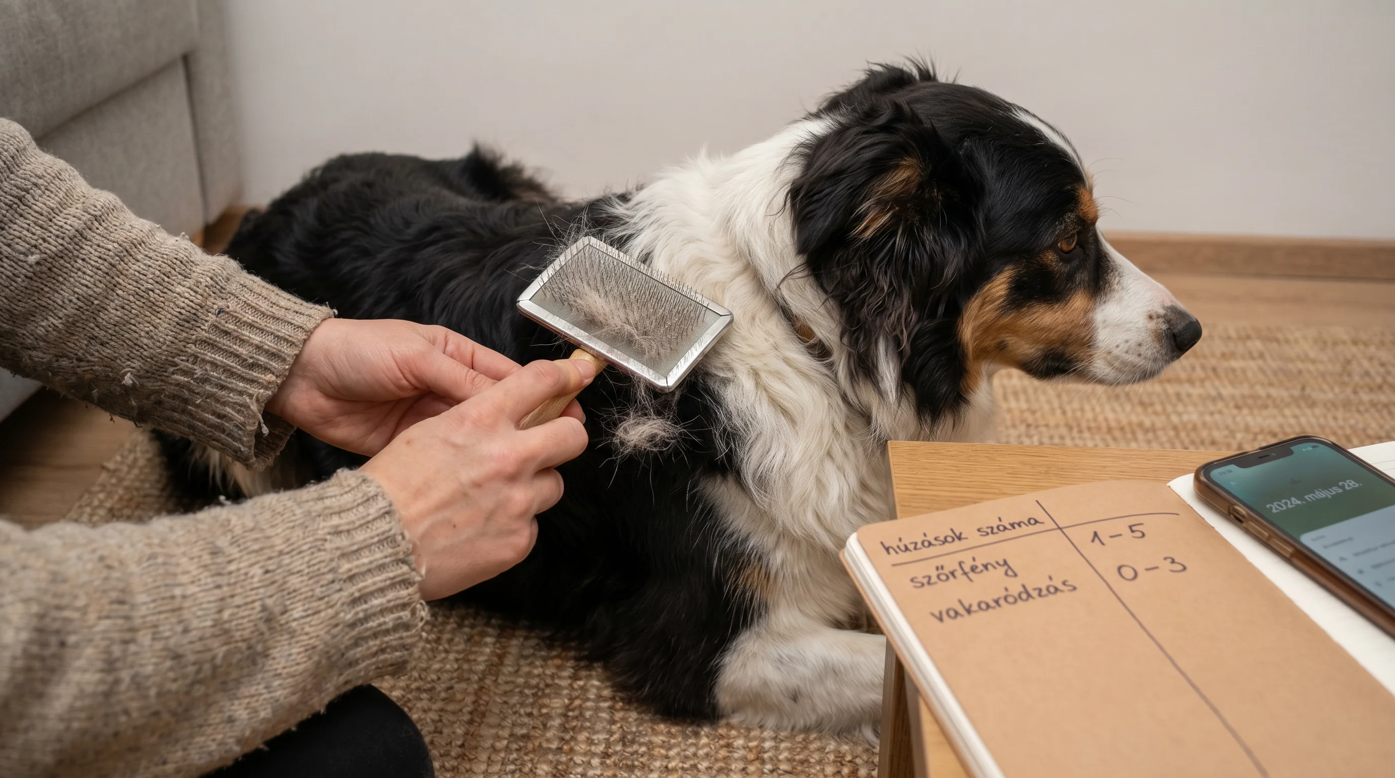 Home setting: a medium-sized dog (border collie mix) calmly being gently brushed with a slicker brush; only the owner's hands visible (no faces). Next