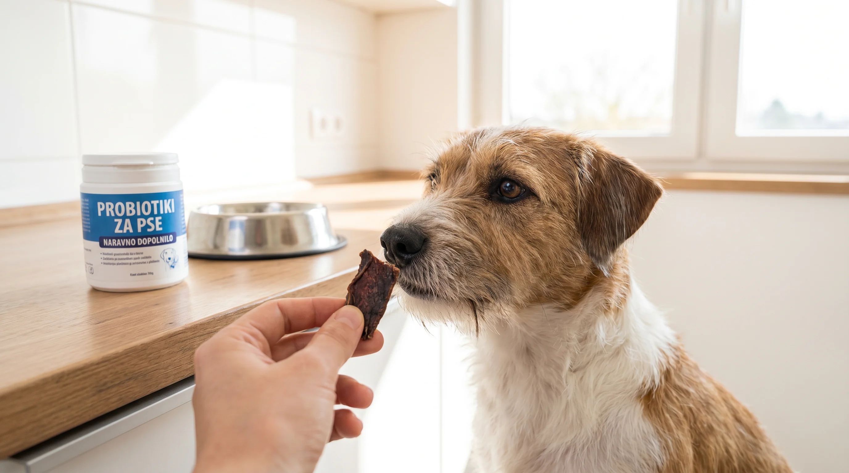 Close-up of a medium-sized dog in a clean, bright kitchen receiving a single-ingredient dried meat treat from a hand; on the counter a clearly labeled
