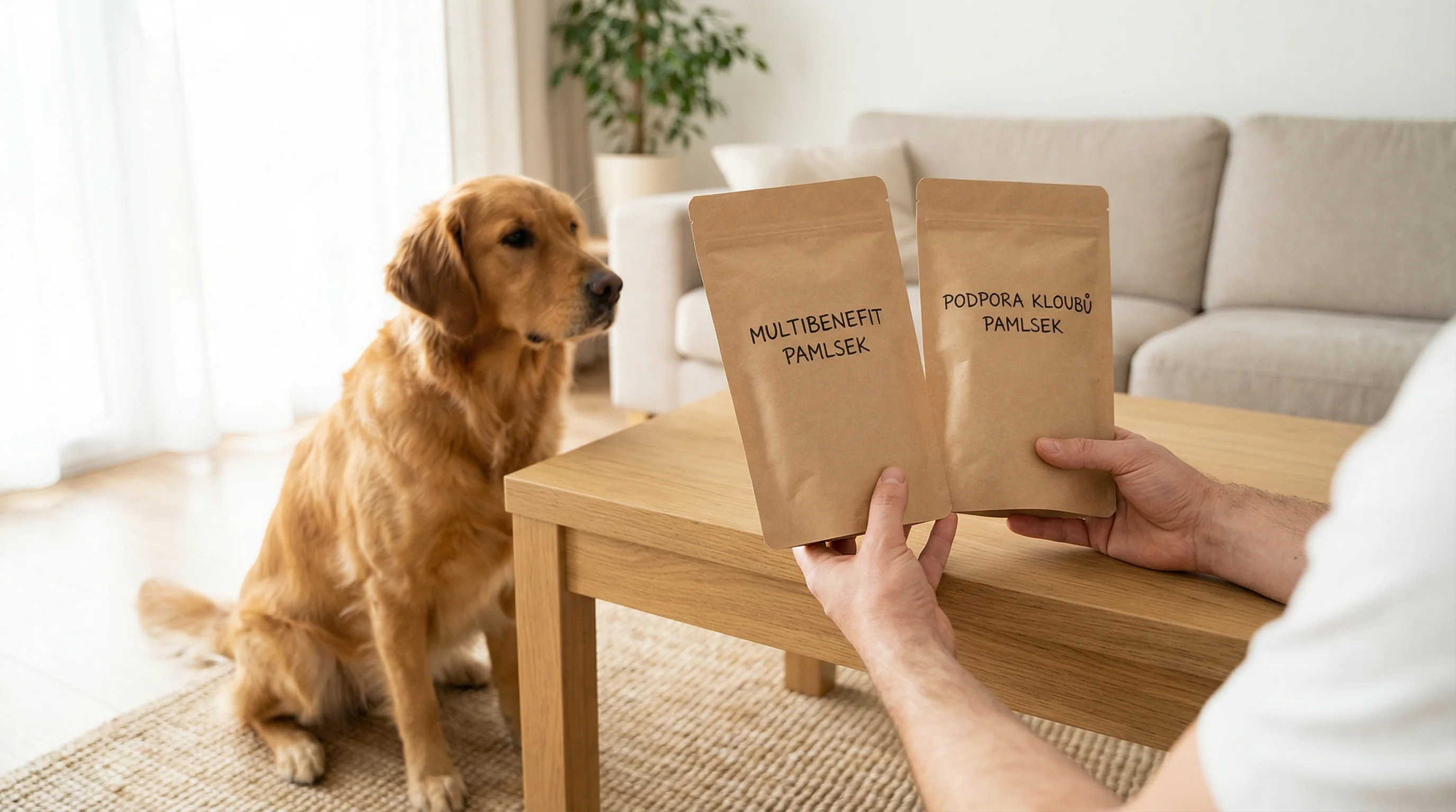 A calm medium-sized dog sits beside a wooden table while an owner's hands compare two generic dog treat pouches: one labeled 'multi-benefit' and one l