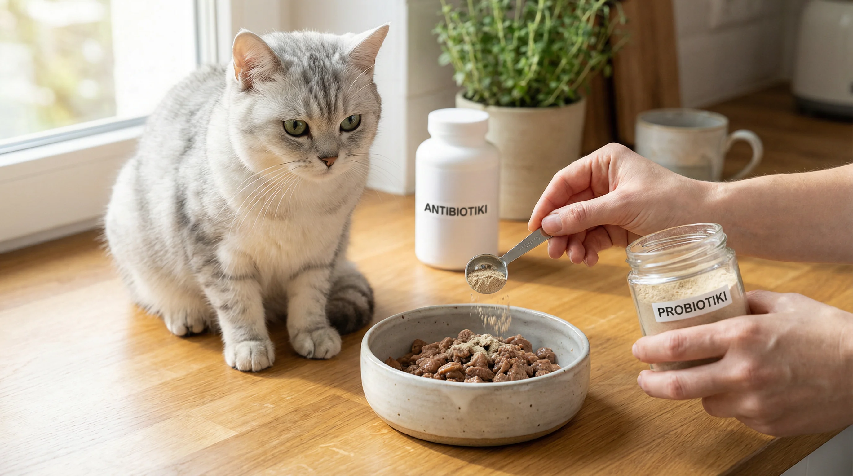 A calm silver tabby cat beside a ceramic food bowl while a hand sprinkles a measured scoop of probiotic powder onto moist cat food; a plain white bott