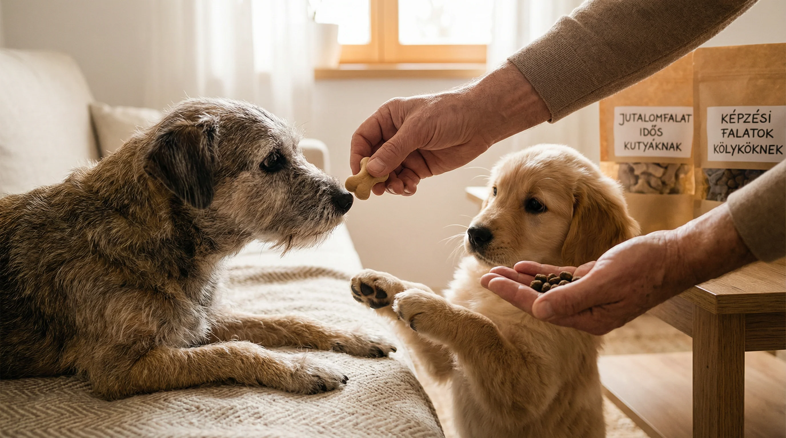 Natural-light home interior. A playful puppy and a calm senior dog are being offered different functional dog treats by a pair of hands (no faces visi