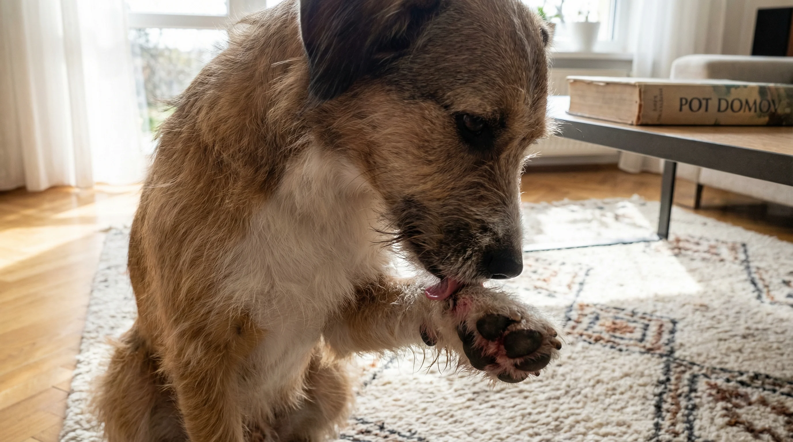 A medium-sized mixed-breed dog lying on a rug in a bright living room, gently licking an itchy front paw; mild redness visible between paw pads, sligh