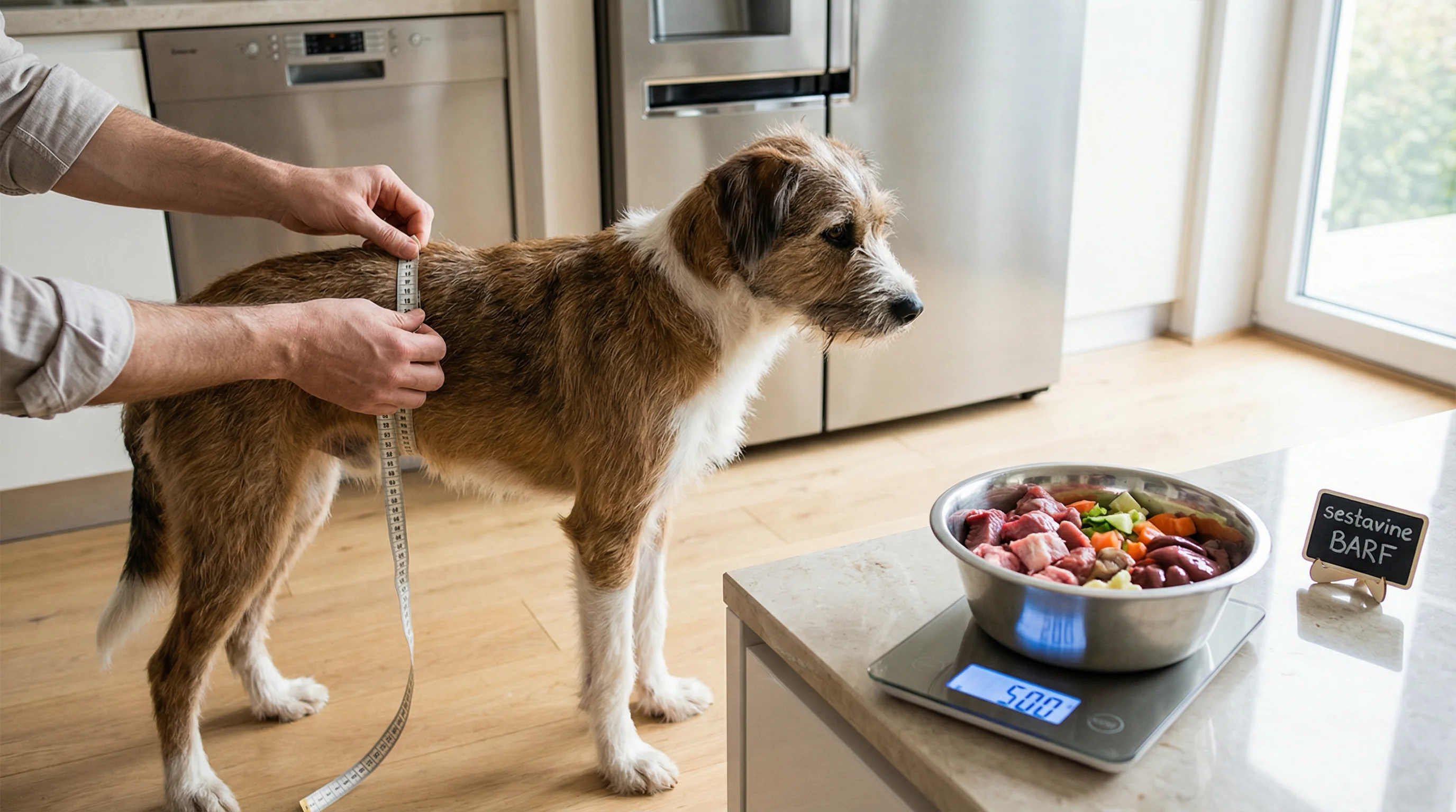 Doziranje BARF: koliko hrane dati glede na težo, starost, kondicijo in aktivnost 2 Medium-sized mixed-breed dog standing sideways on a kitchen floor while an owner's hands (no face visible) measure the dog's waist with a soft tape me