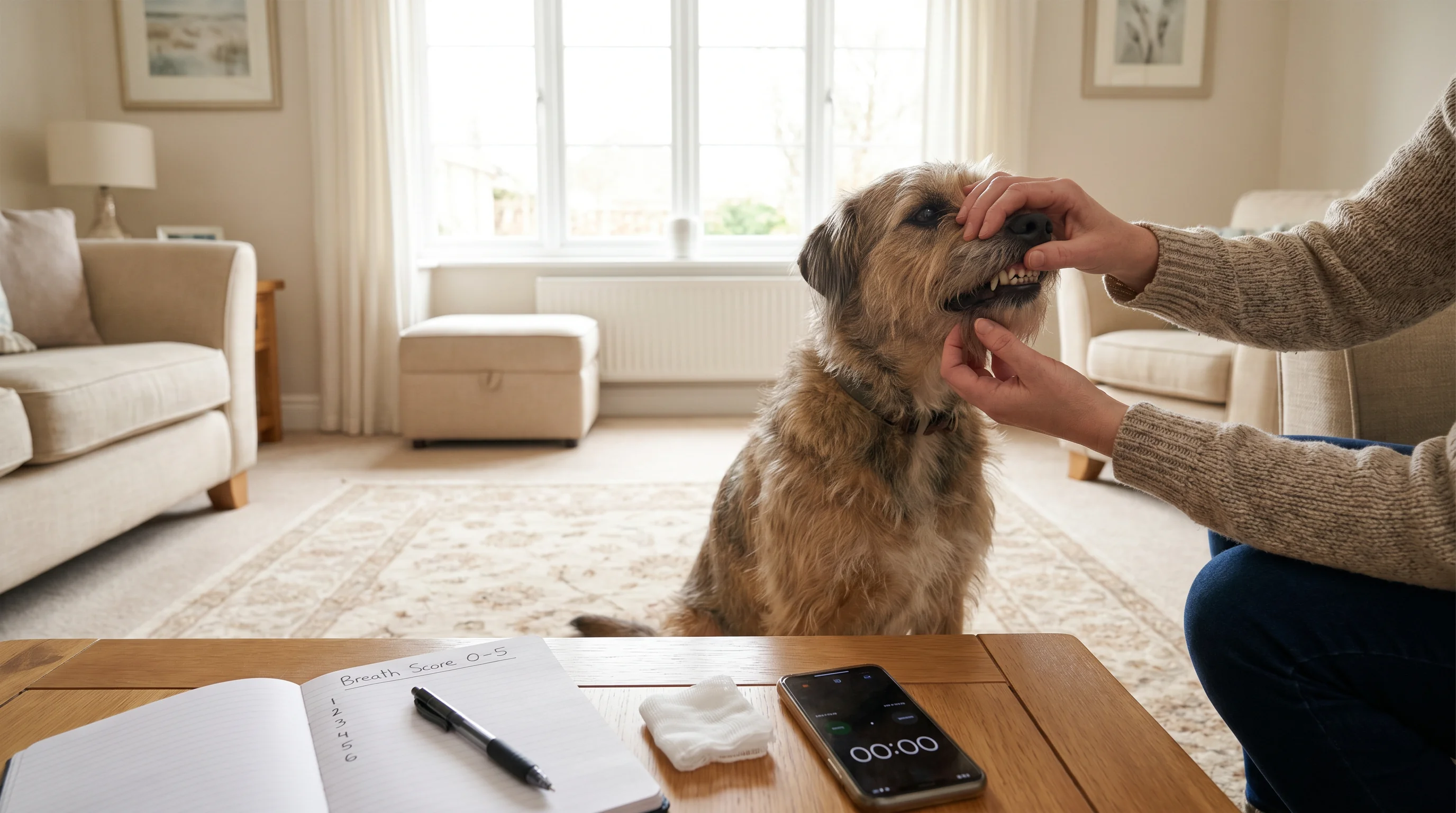 A calm indoor home scene with a medium-size dog sitting on a rug while an owner's hands gently lift the dog's lip to check gums and teeth; on a nearby
