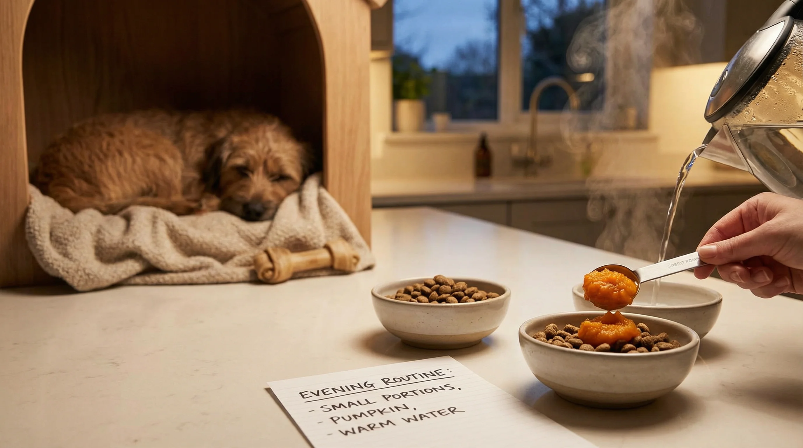 Evening kitchen scene showing a stress-aware feeding routine: several small portions of the dog's usual food divided into 3–4 small bowls on a counter