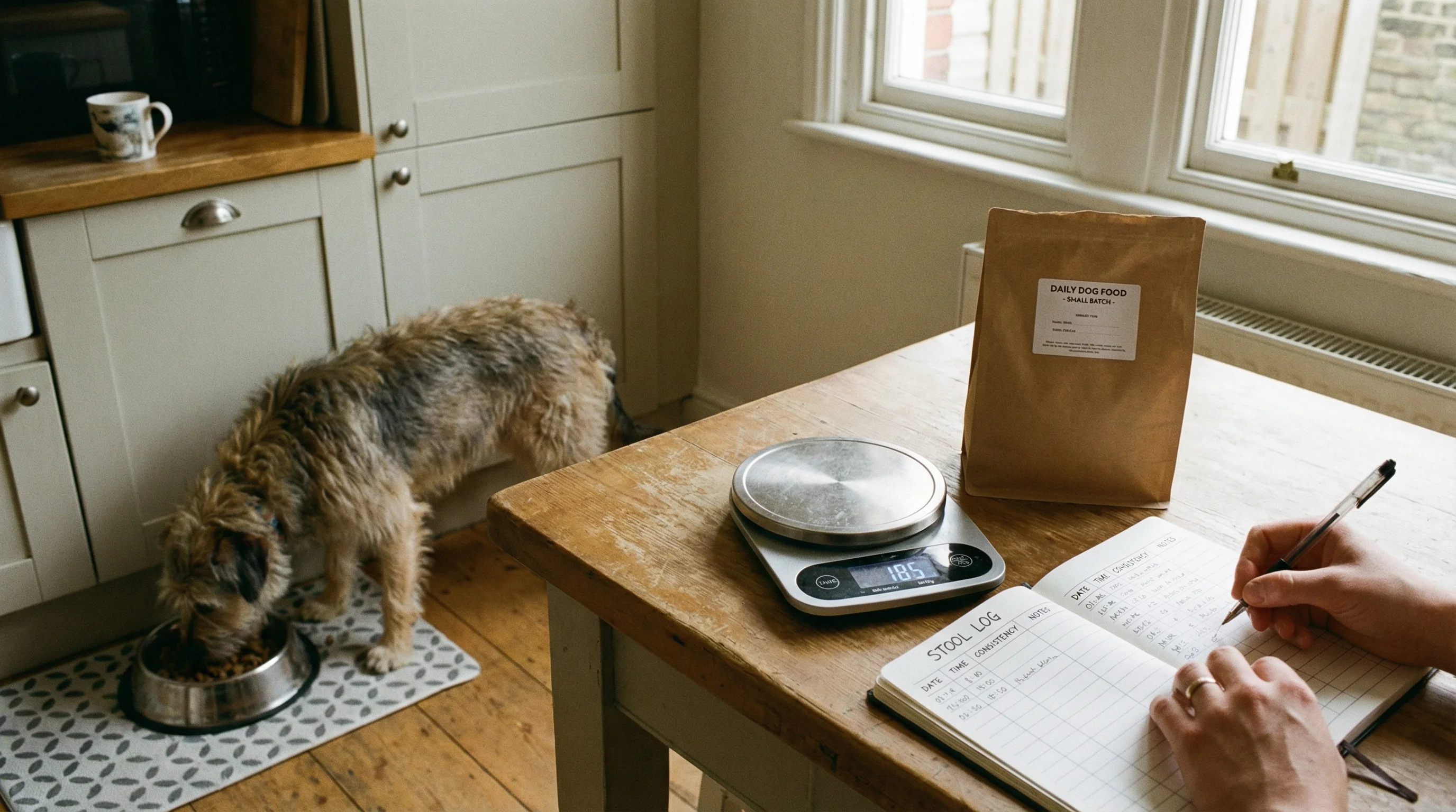 Calm UK kitchen in morning light; a medium mixed‑breed dog eats from a simple stainless‑steel bowl on a non‑slip mat. Nearby: a digital kitchen scale,