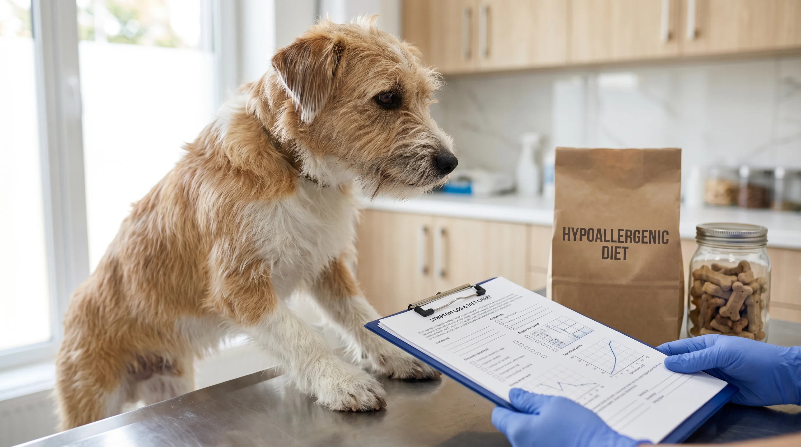 Inside a bright, modern veterinary clinic, a medium-sized dog stands calmly on an exam table while a veterinarian’s gloved hands point to a printed sy