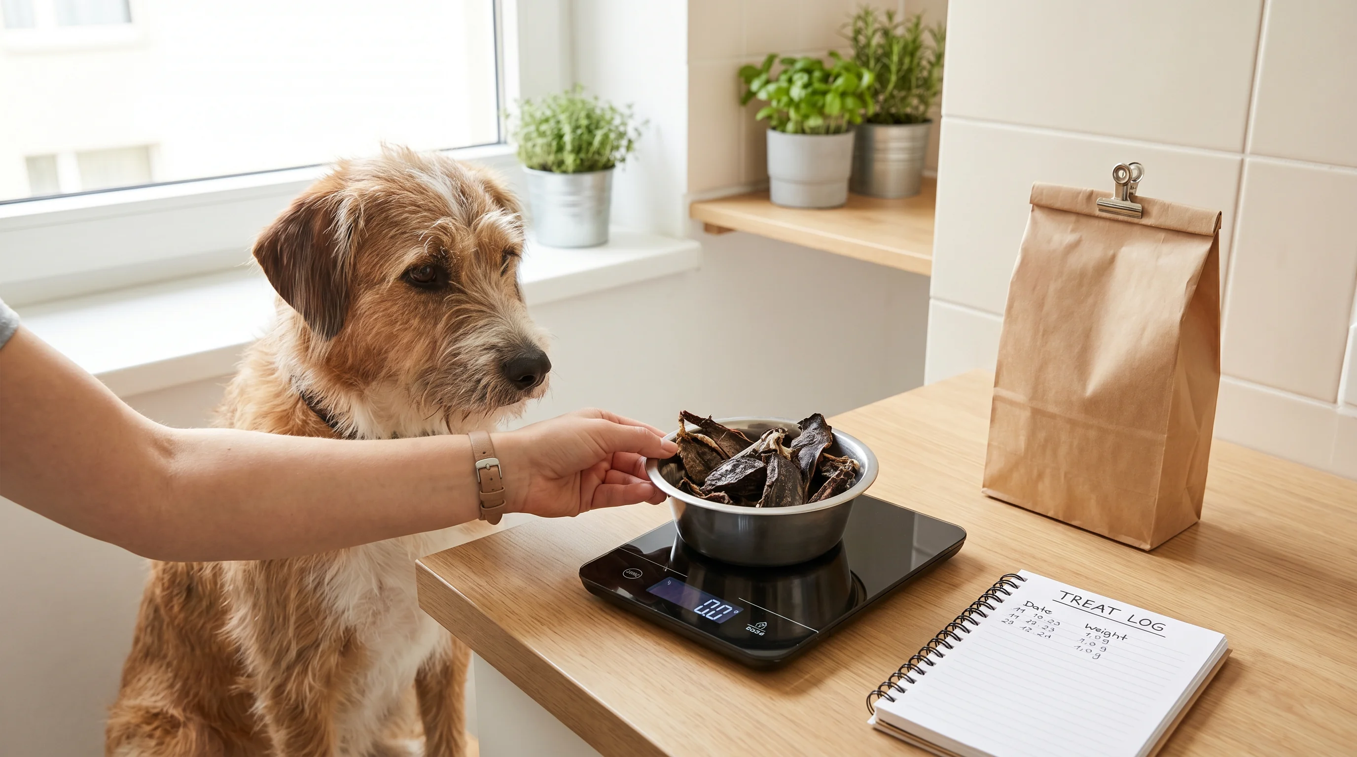 A medium-sized mixed-breed dog sits by a kitchen counter while a hand places a small bowl of single-ingredient, low-fat dried lung treats on a digital