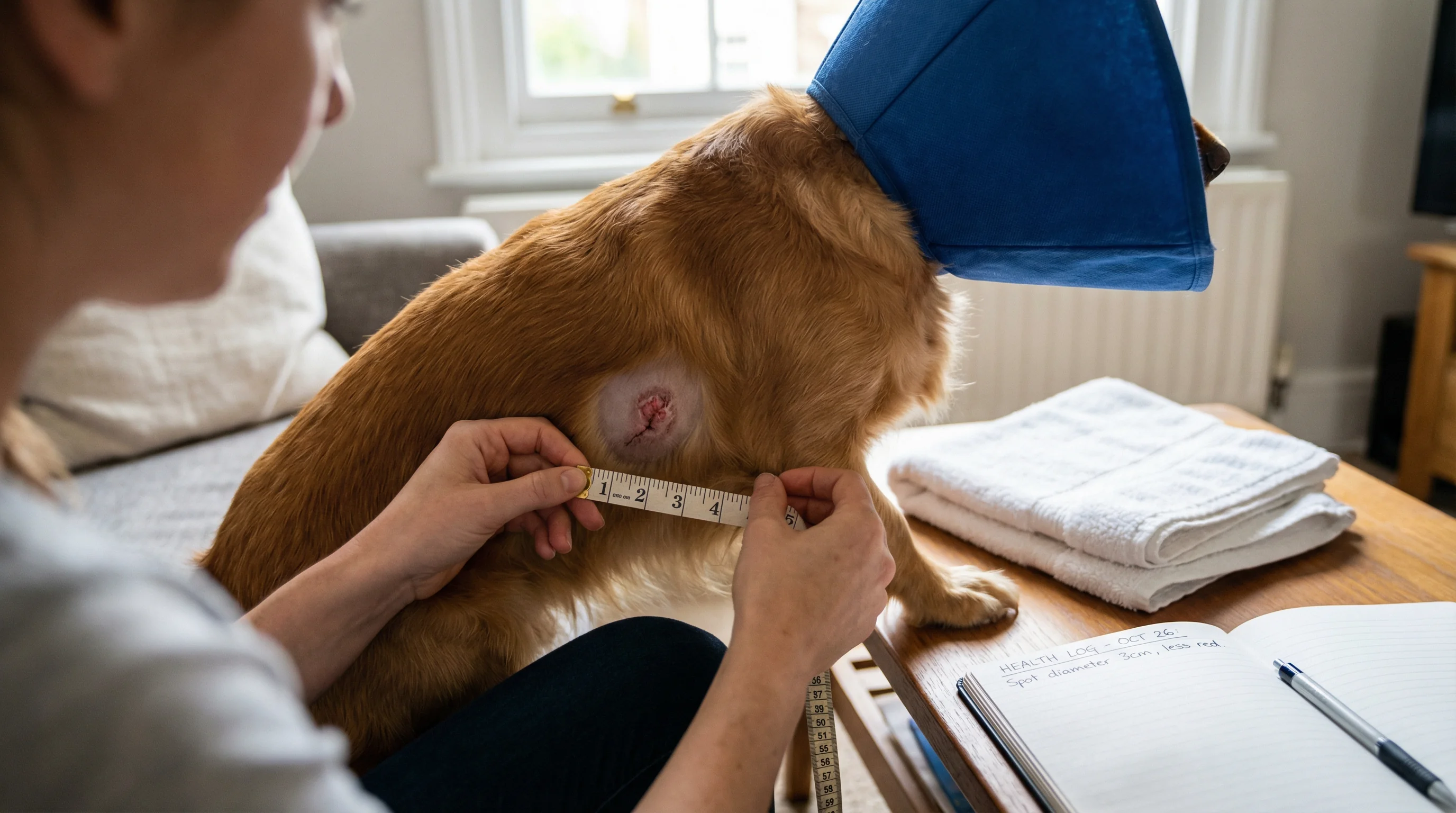 Face out of frame, a calm dog owner gently measures the diameter of a small, shaved, circular hot spot on a medium-coated dog’s thigh using a soft tap