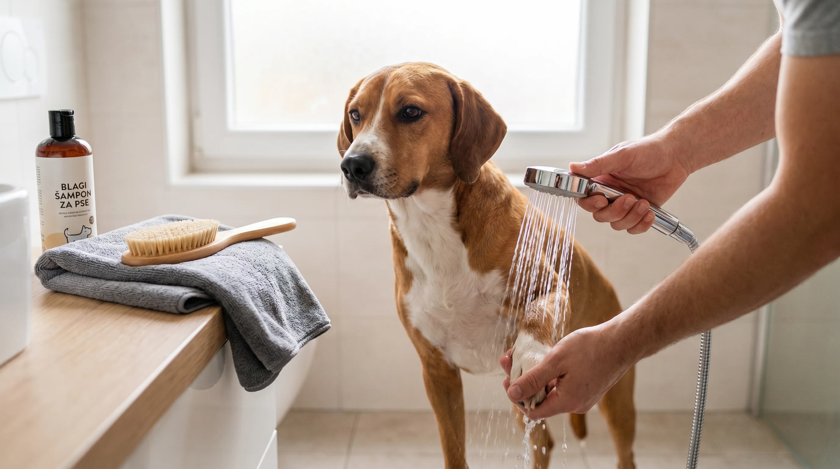 A medium-sized short-haired dog standing in a tidy home bathroom while its paws are gently rinsed with a low, lukewarm stream from a handheld shower. 