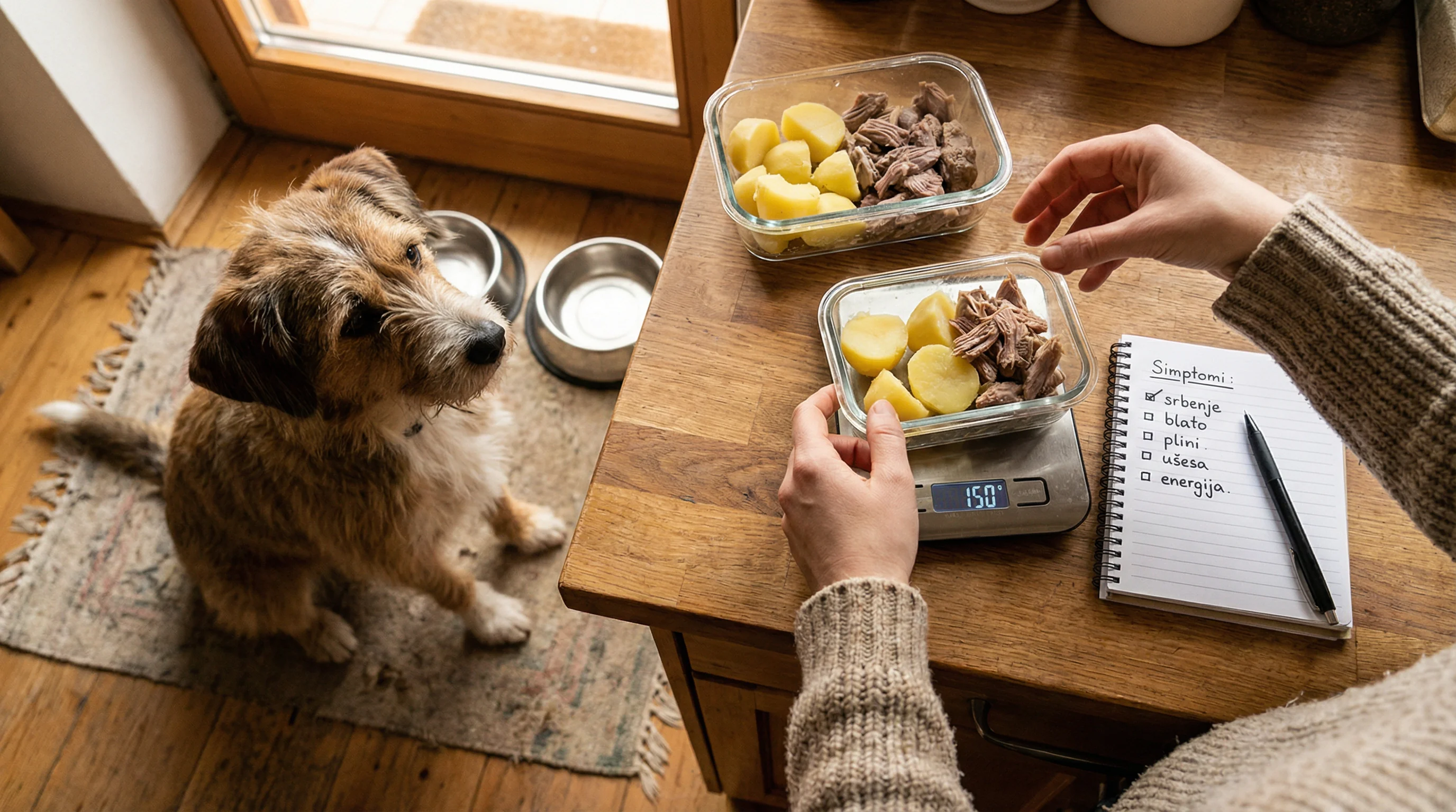 Cozy home kitchen scene: a medium-sized mixed-breed dog sits near two stainless-steel bowls while a person's hands (no face visible) measure a simple