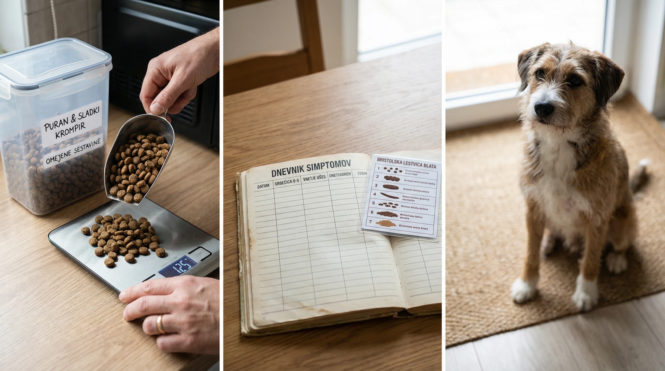 Hands-only scene in a home kitchen: a person measuring a portion of limited-ingredient dry dog food on a digital scale beside a labeled airtight conta