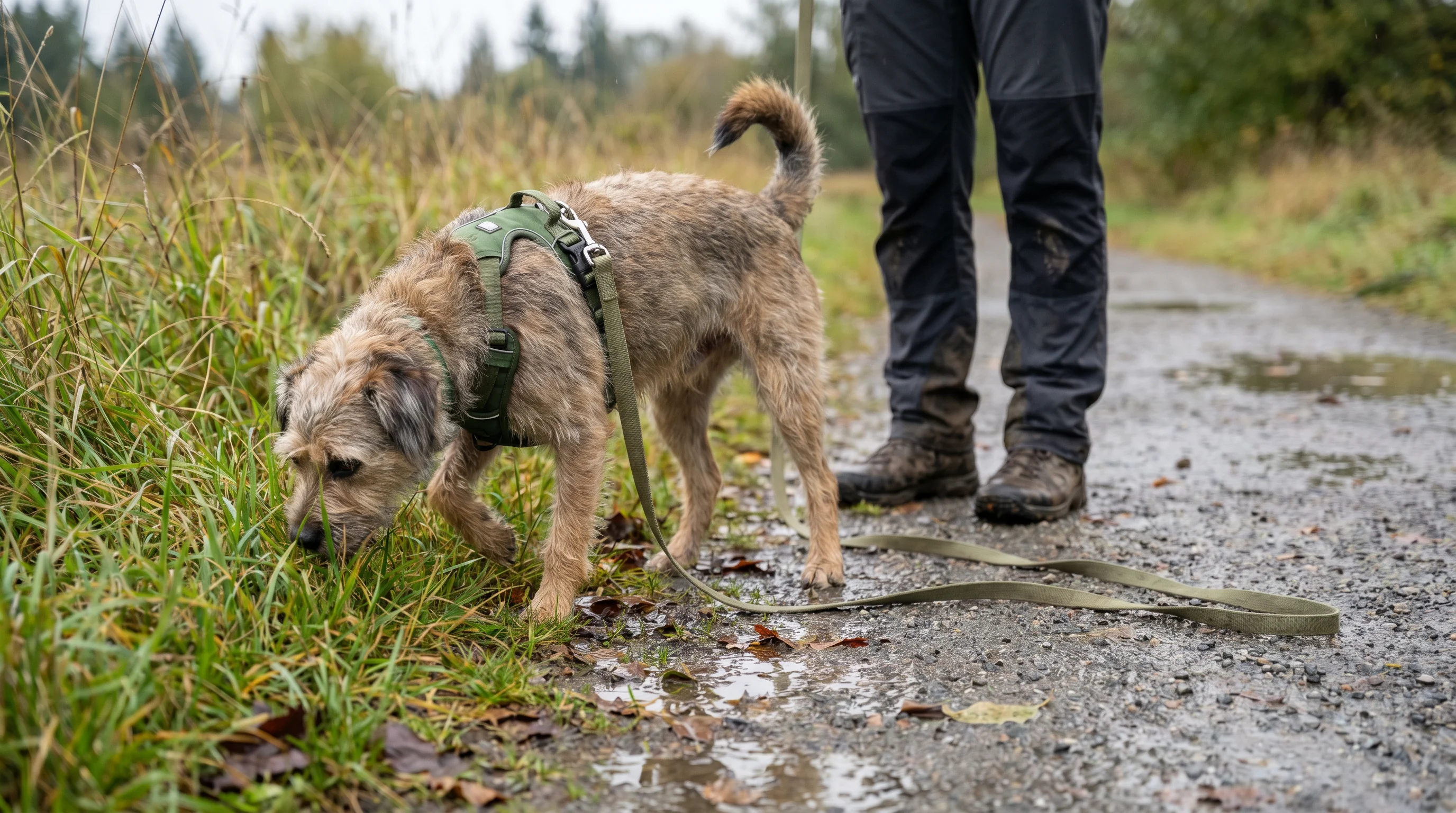 A medium-size mixed-breed dog on a comfortable harness and 15-foot long line calmly sniffing along tall grass in a quiet suburban park after a storm.