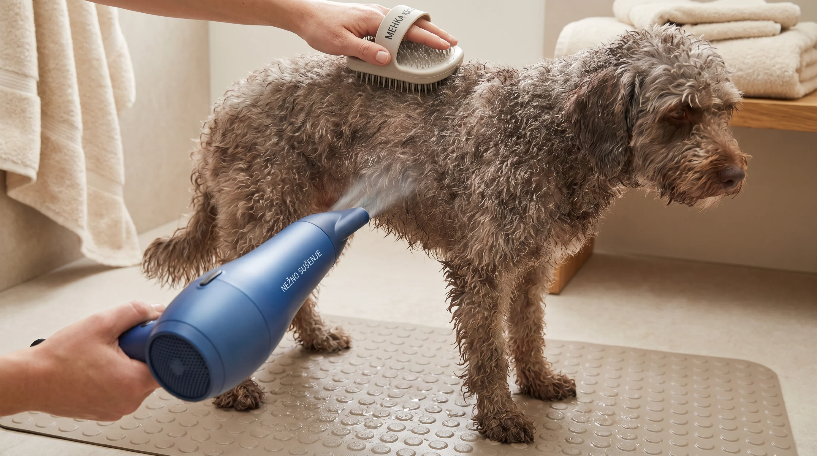 Close-up of a medium-sized mixed-breed dog standing on a non-slip mat after a bath, being gently dried with a cool-air pet dryer while a hand uses a s