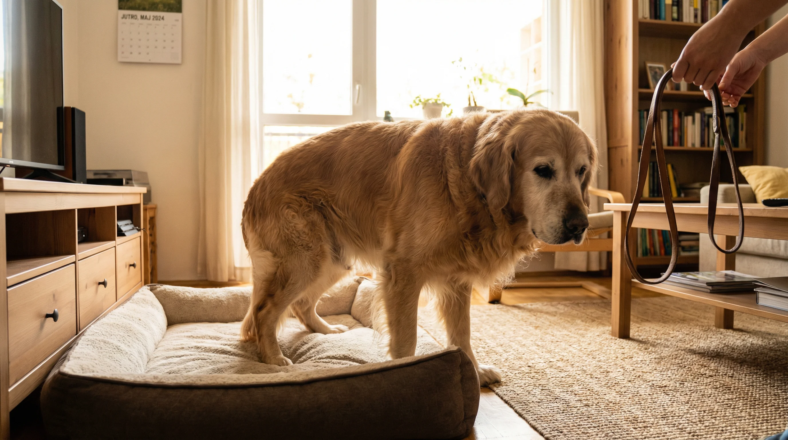 A middle-aged large-breed dog slowly getting up from a cushioned dog bed in a bright morning living room; subtle stiffness in the hind legs; owner’s h