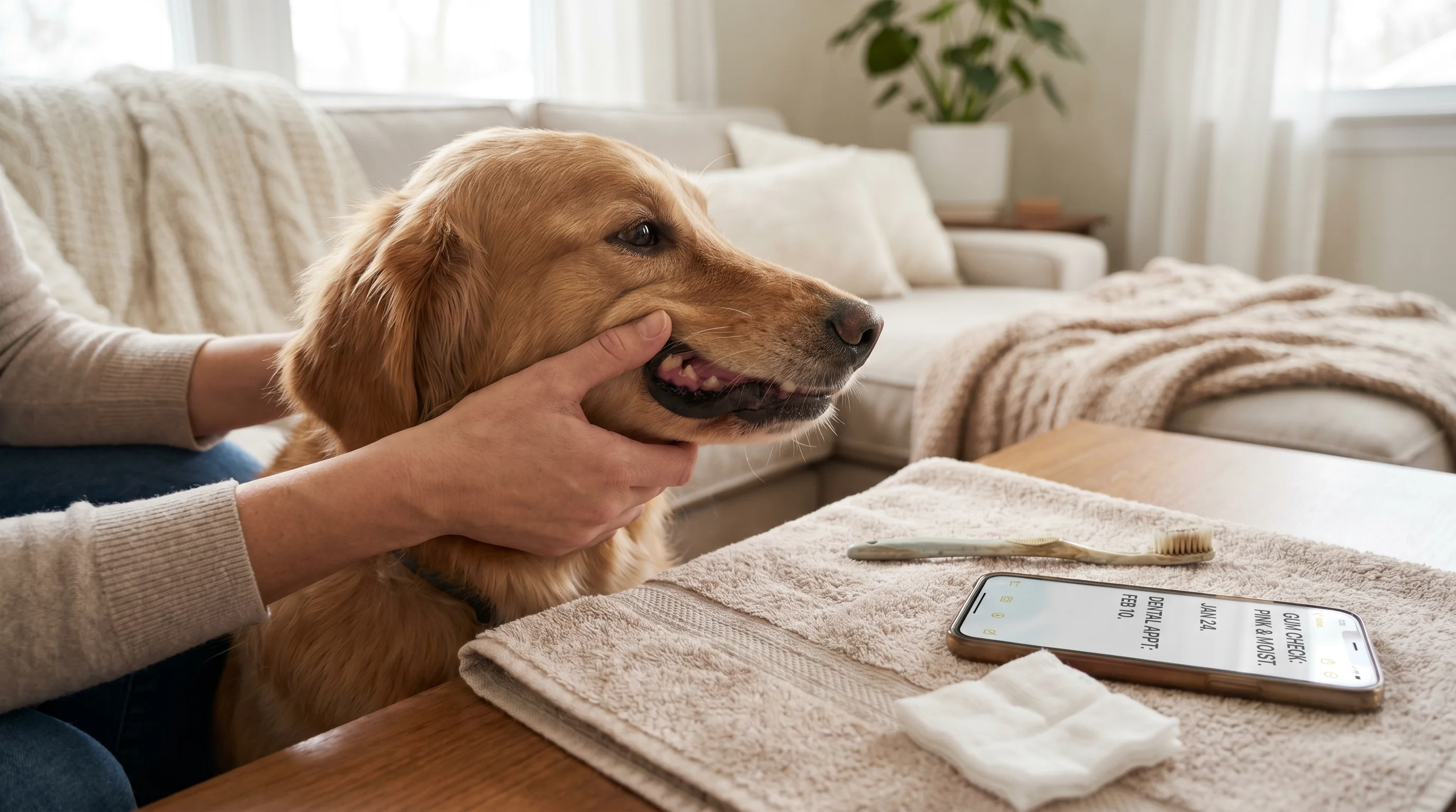 Close-up, natural-light home scene: an owner's hands gently lifting a calm medium-size dog's lip to check gum color near the molars, while a toothbrus