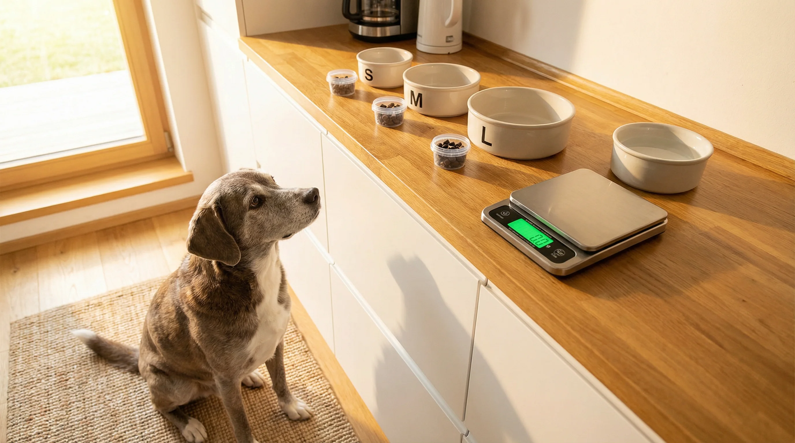 A calm senior mixed-breed dog waiting by three neatly arranged dog bowls labeled S, M, and L on a clean kitchen counter; each bowl has a small measure