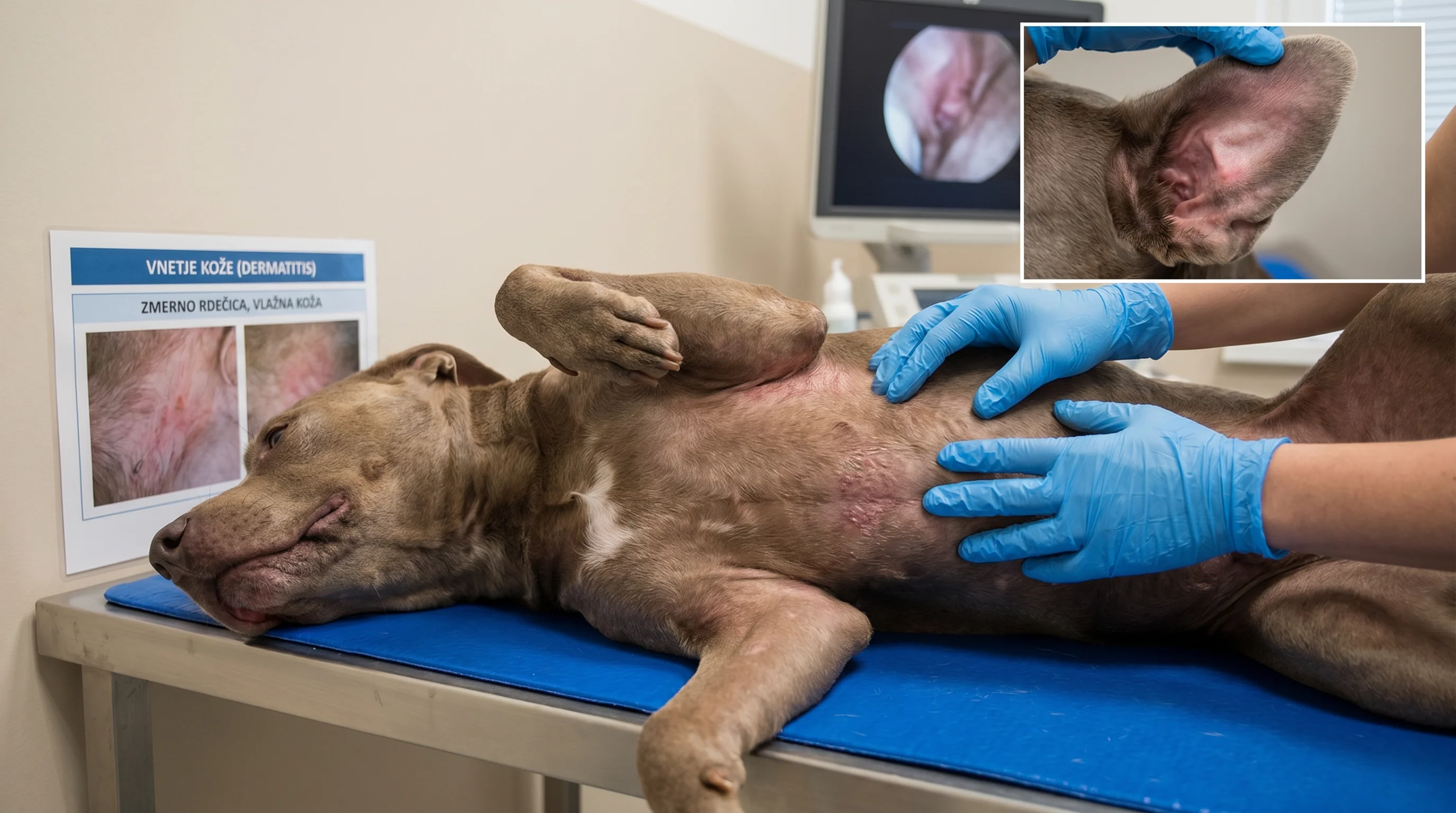 A short-haired medium-sized dog lying on its back while a pair of hands gently parts the fur to reveal mild redness on the belly and armpit; the inner