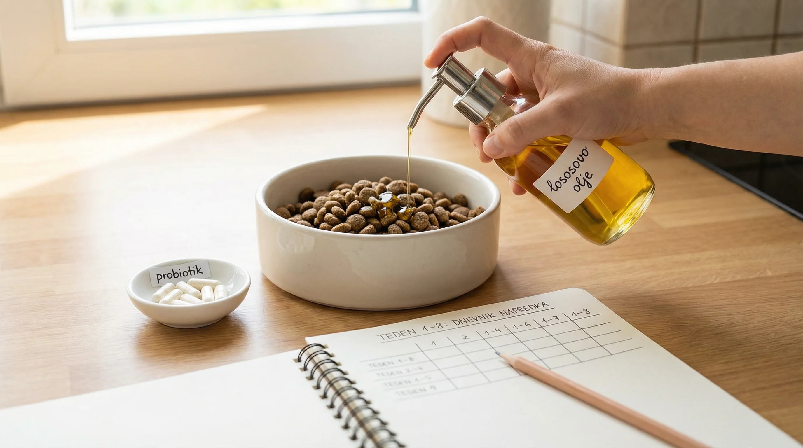 Close-up of a dog's food bowl on a clean kitchen counter; a hand drizzling salmon oil from a measured pump onto the kibble; a small dish with probioti