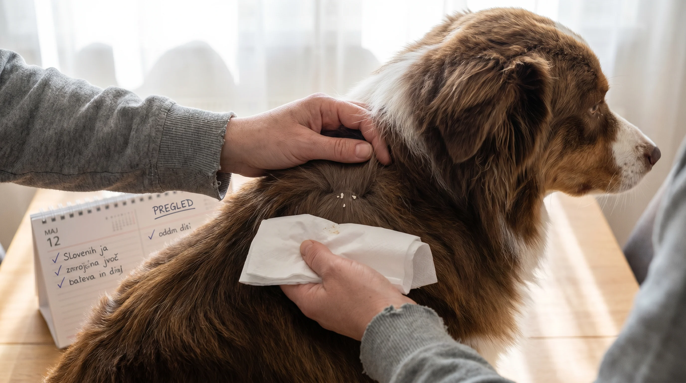 A pet owner gently brushing a medium-sized dog at home, parting the coat to the skin and checking for flakes with a white tissue pressed for 10 second