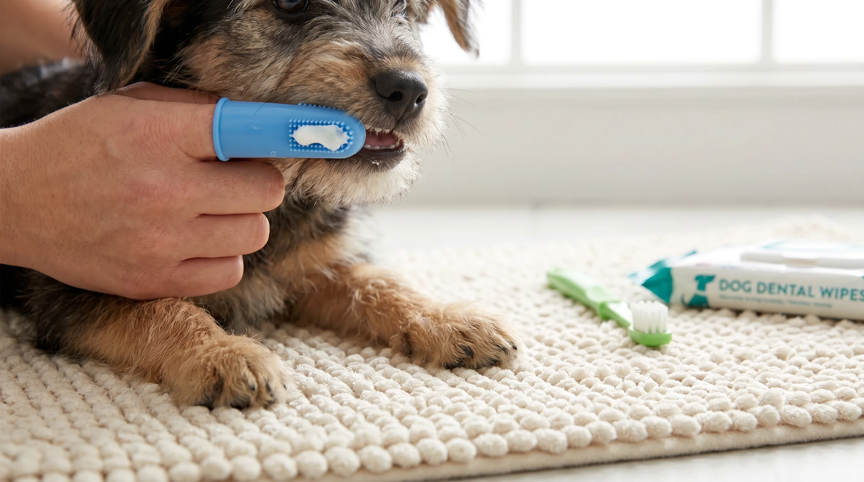 Close-up, face-free scene of a small mixed-breed puppy calmly sitting on a bathroom mat while a hand uses a silicone finger brush with dog-safe toothp