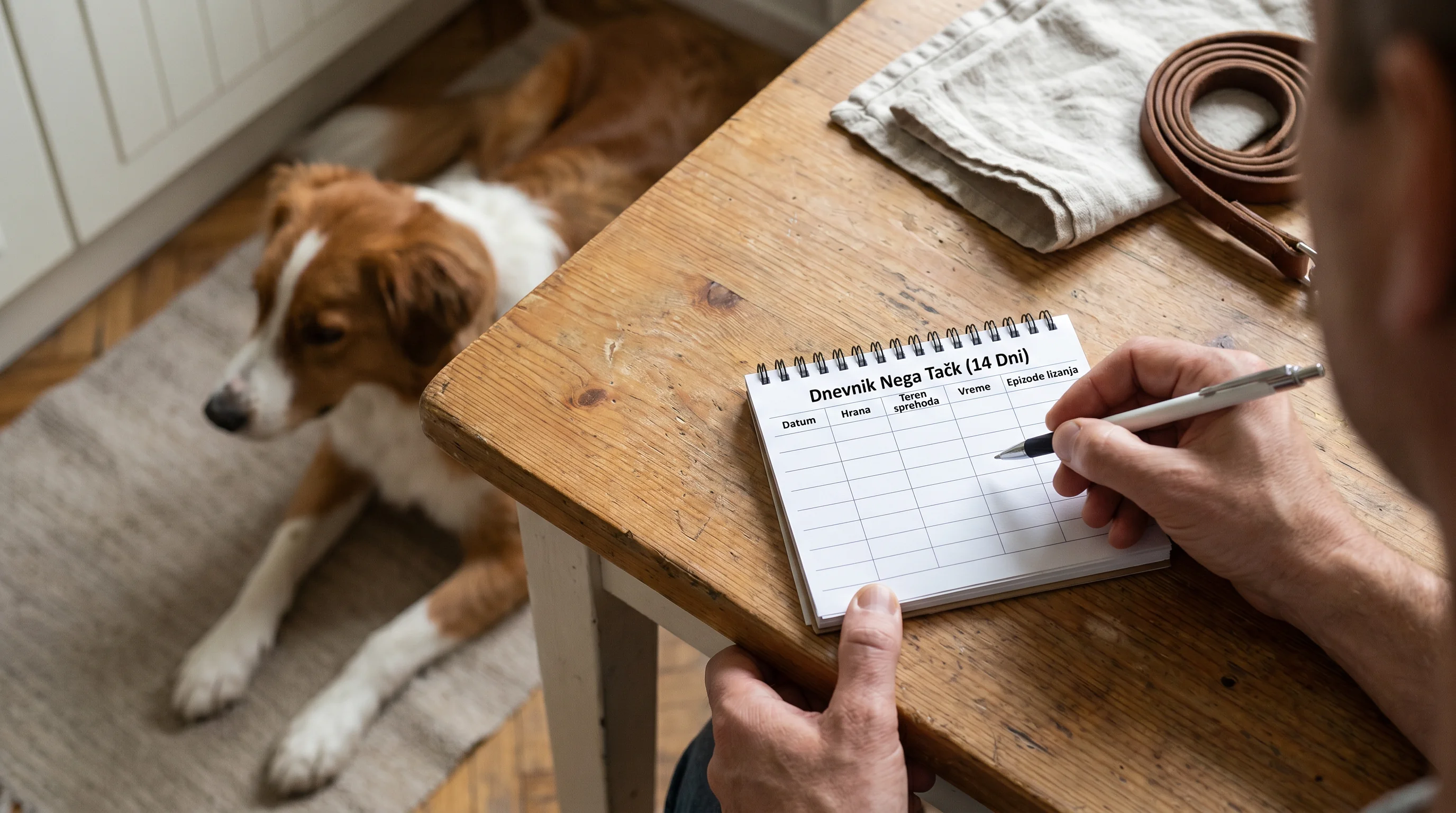 Home scene: close-up of an adult's hands (no face) filling a simple 14-day dog paw-care diary on a notepad at a kitchen table; visible columns for dat