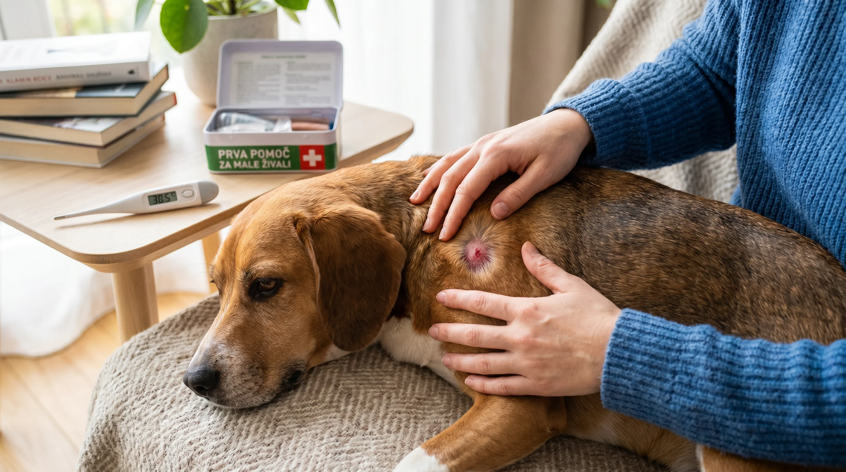 Natural-light close-up of a medium-sized short-haired dog lying calmly while a person's hands gently part the fur on the flank to reveal a red, inflam