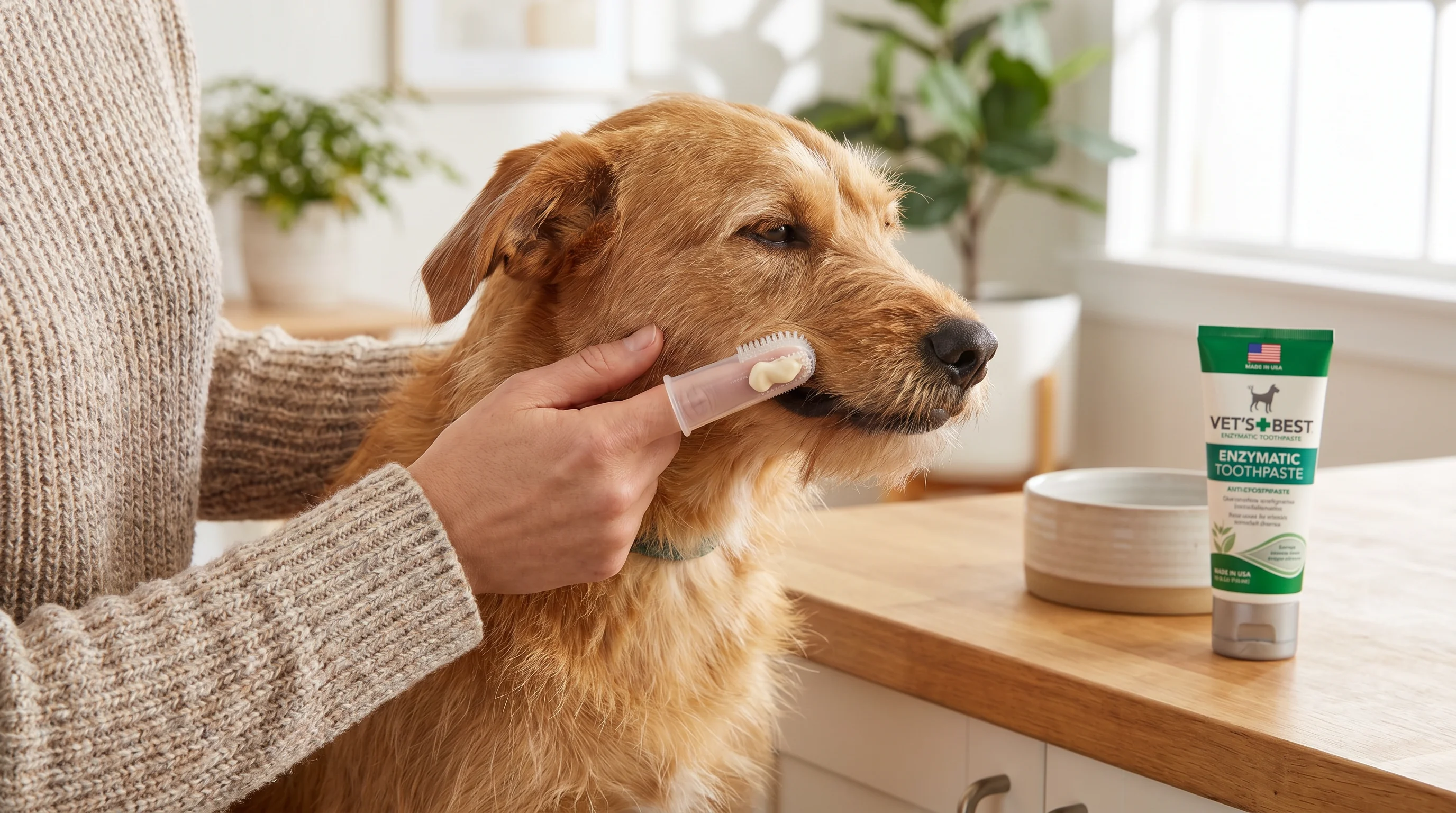 Close-up of a calm medium-sized dog having its teeth gently brushed at home with a soft pet toothbrush and enzymatic toothpaste; owner’s hands visible