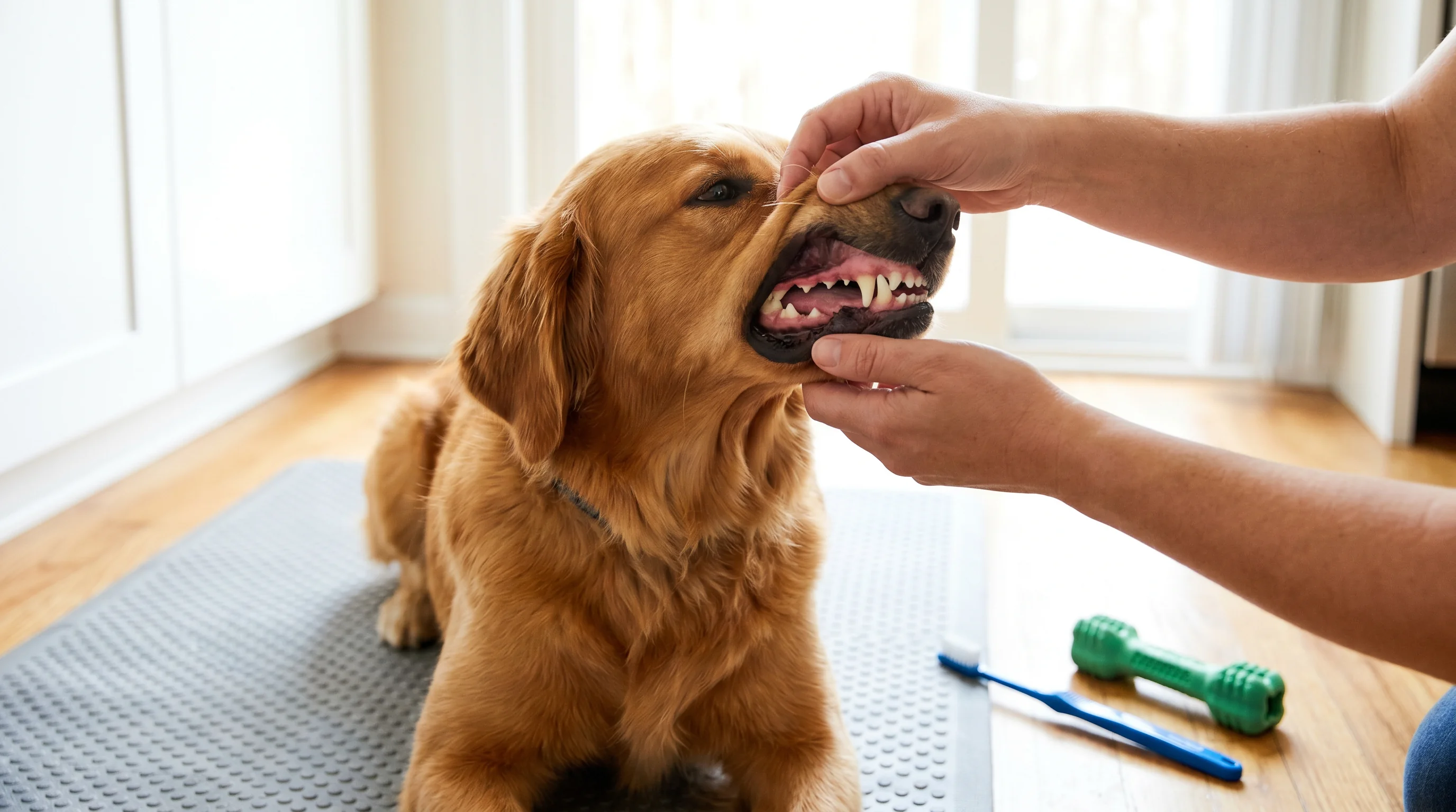 Close-up of a calm medium-sized dog sitting on a non-slip mat at home while a person's hands gently lift the dog's lip to inspect pink gums and teeth;