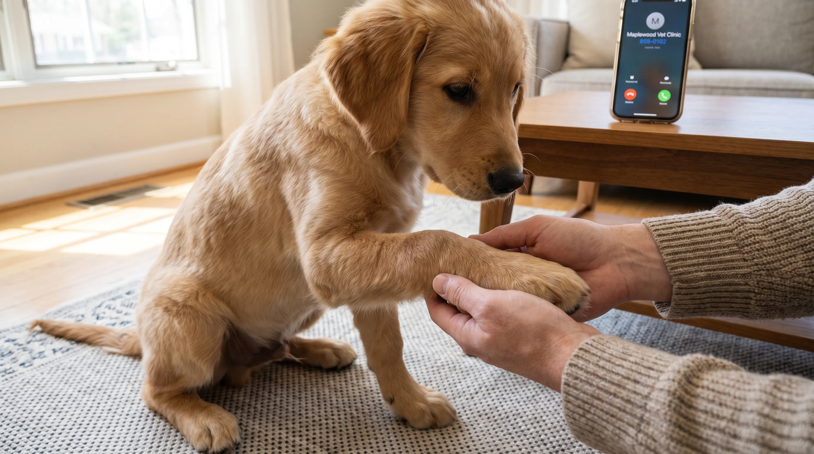 Close-up of a young medium-breed puppy indoors on a non-slip rug, holding one front paw off the ground with visible mild swelling near the wrist; a ca