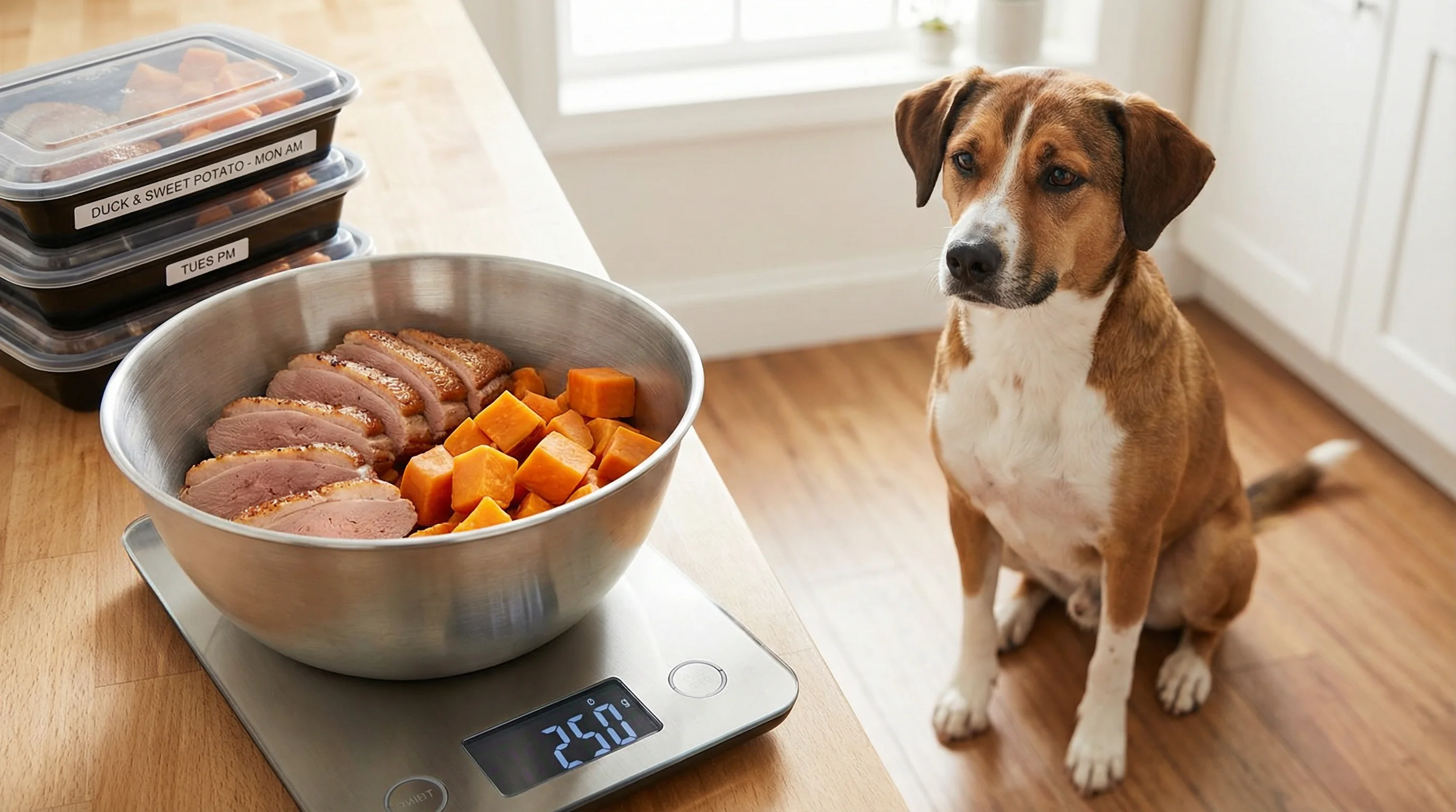 A stainless-steel dog bowl containing only two plain foods: cooked duck breast slices and steamed sweet potato cubes, sitting on a digital kitchen sca