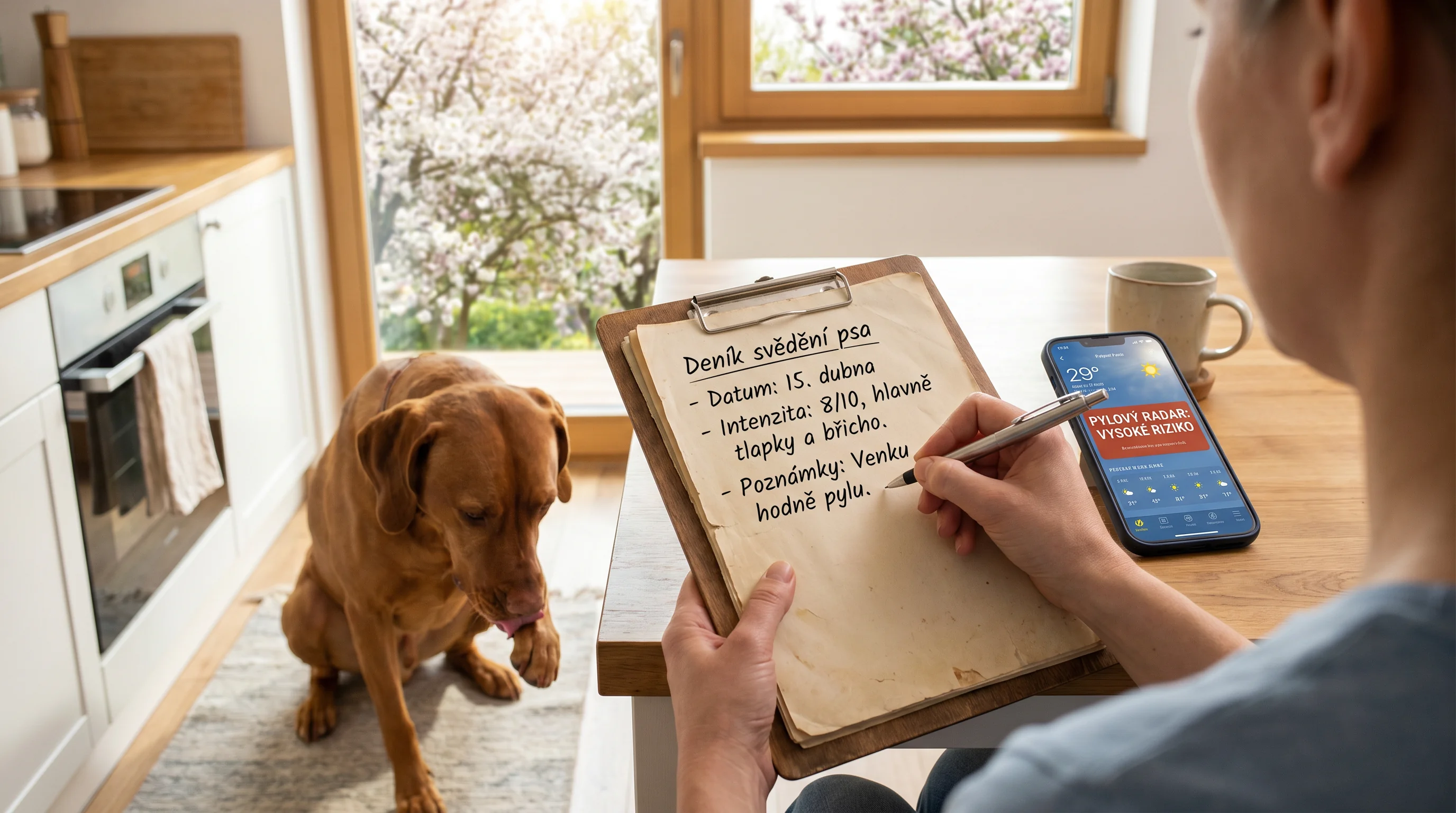 Over-the-shoulder view of a person writing a simple daily itch diary for their dog on a clipboard at a kitchen table; medium-sized short-haired dog ne