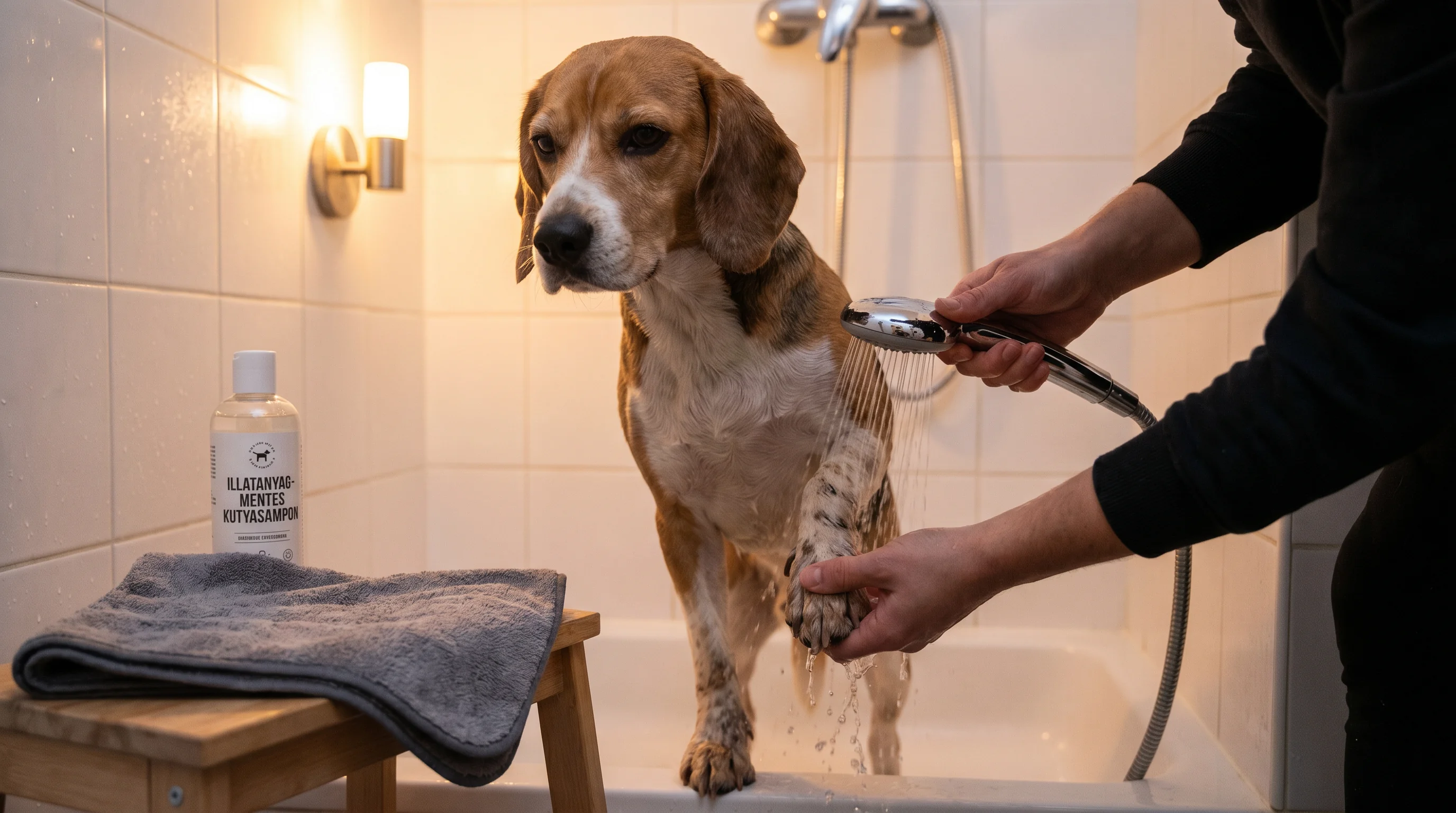 Evening home routine: a medium-sized short-haired dog standing calmly in a tiled bathroom while an owner's hands (no face visible) gently rinse the do