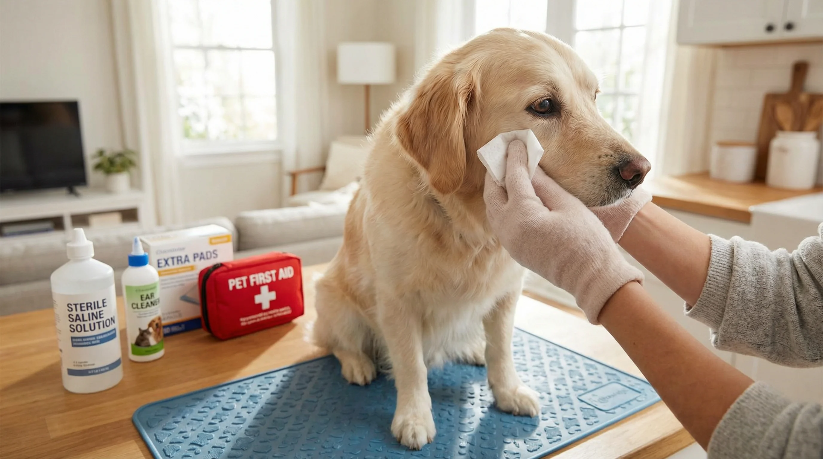 A medium-sized, light-coated dog sitting calmly on a non-slip mat at home while a person’s hands (no face visible) gently wipe the fur beneath one eye