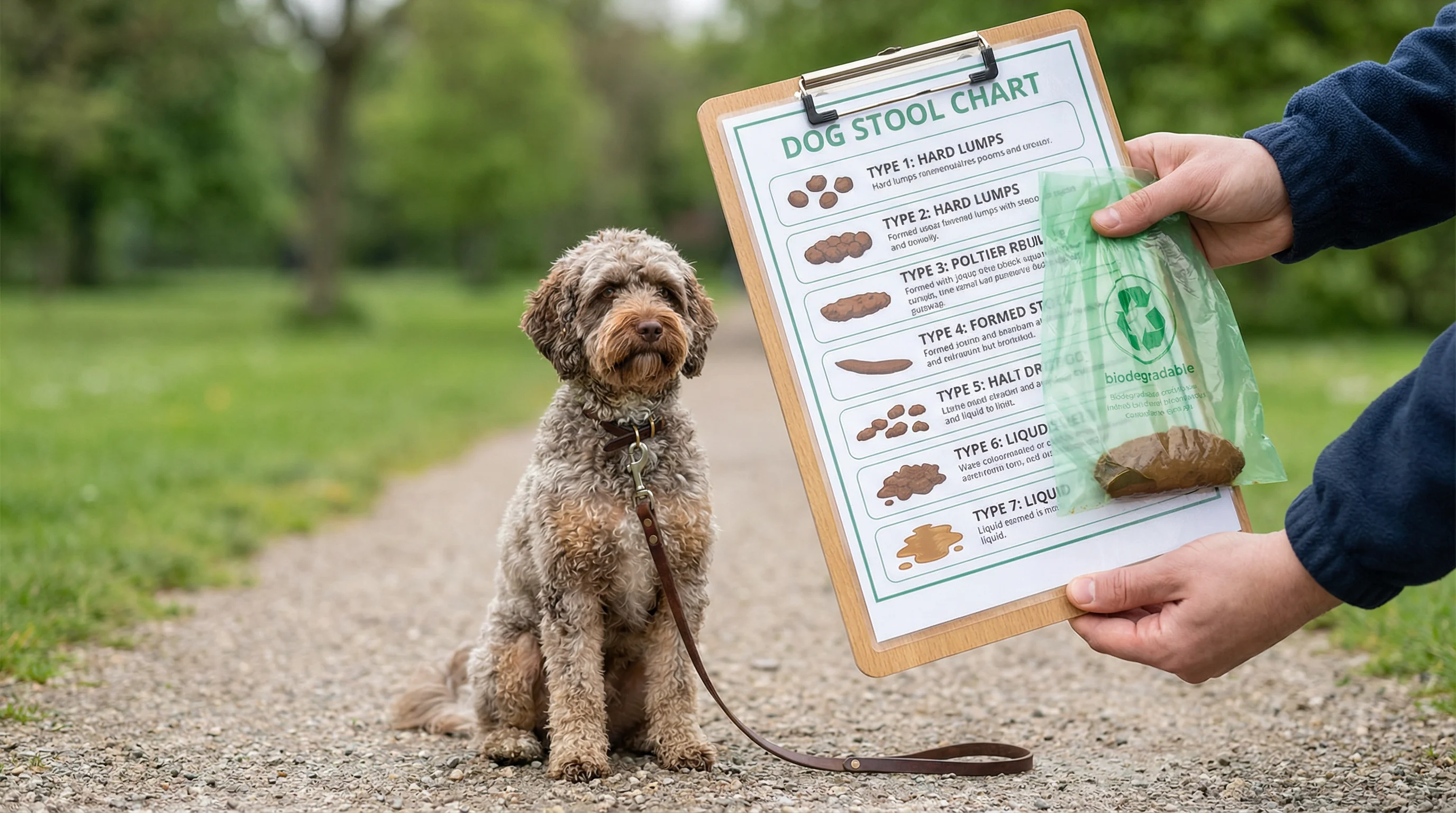 Close-up, hands-only scene: an owner holds a printed dog stool chart on a clipboard while comparing a freshly picked-up, formed stool in a biodegradab