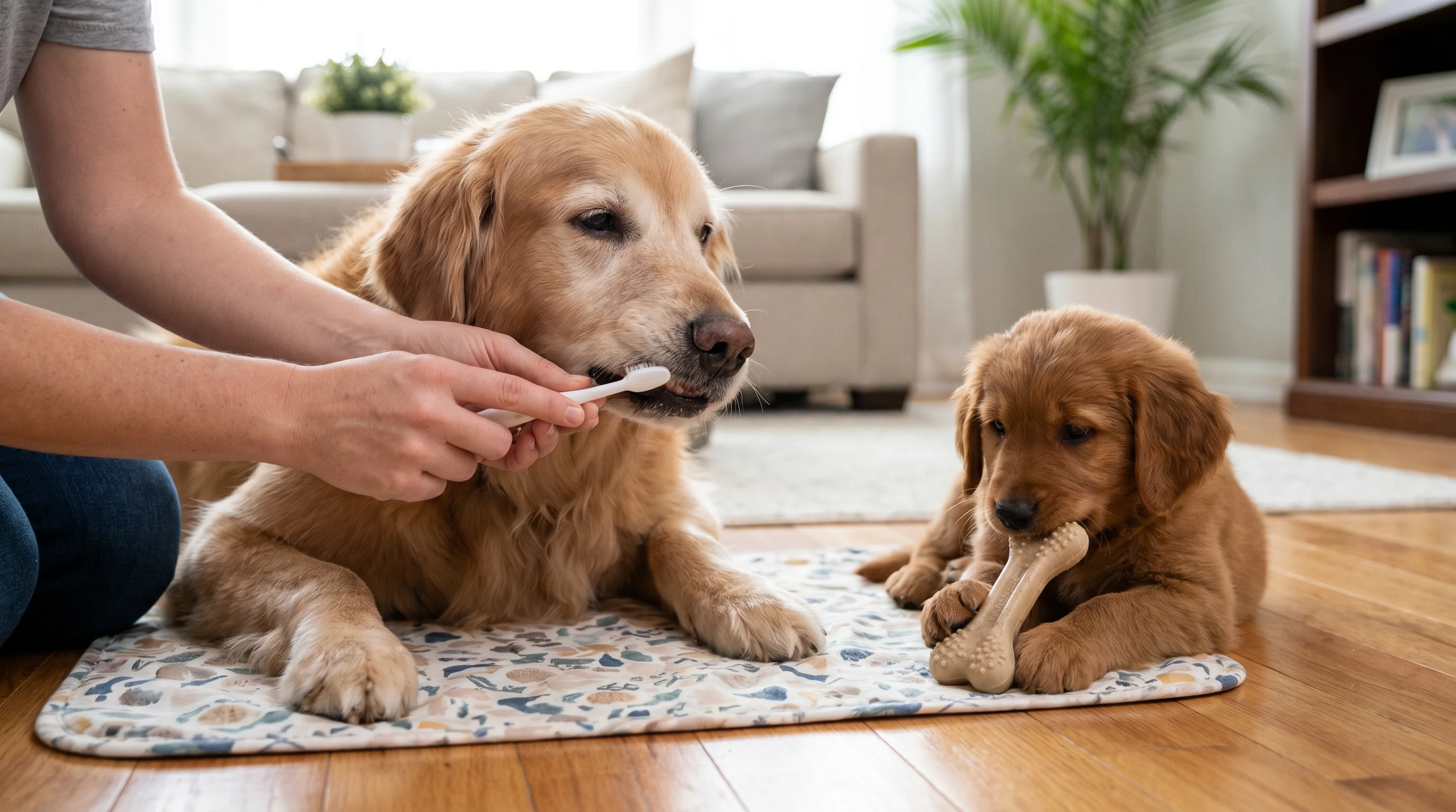 A senior dog with a grey muzzle and a small puppy on a washable mat in a bright, tidy living room. The senior dog receives gentle tooth brushing with