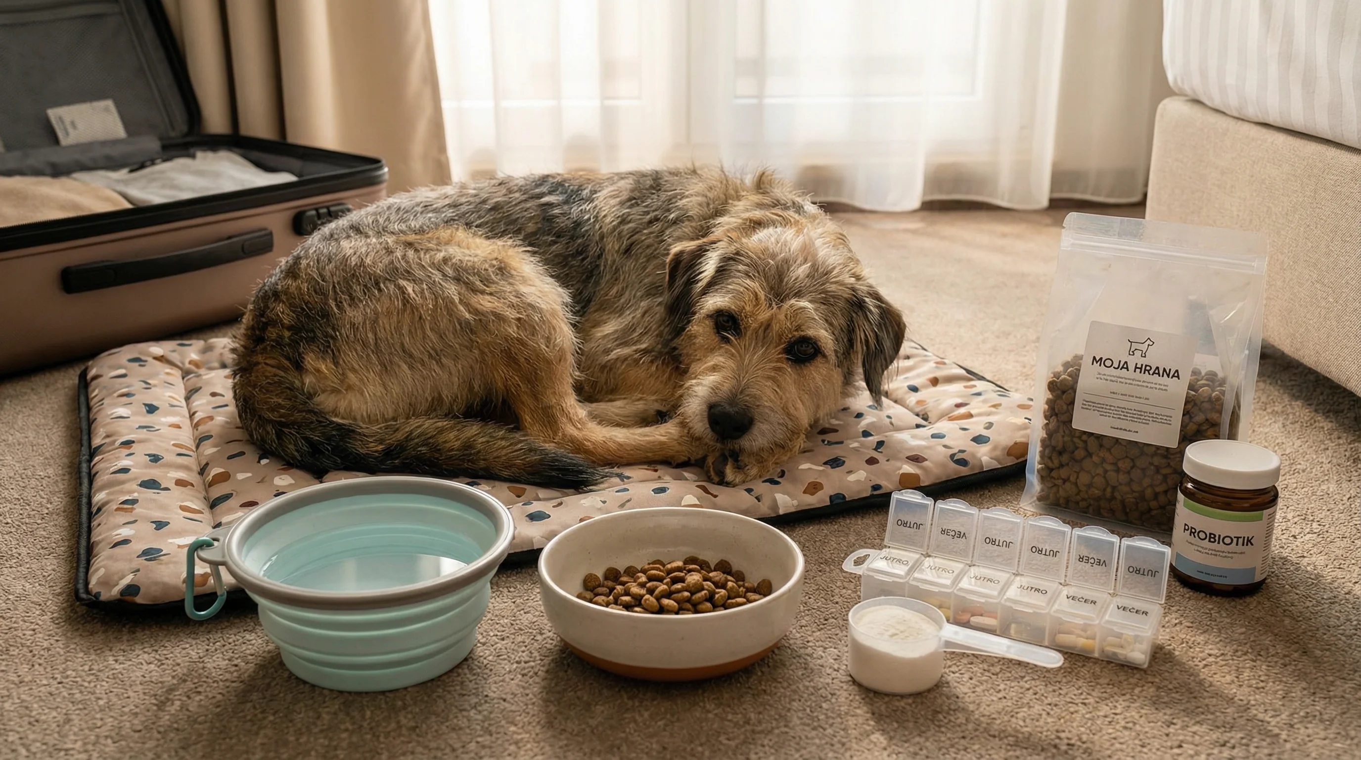 A medium-sized mixed-breed dog on a travel mat in a hotel room, next to a collapsible water bowl filled with clear water, a small portion of its usual