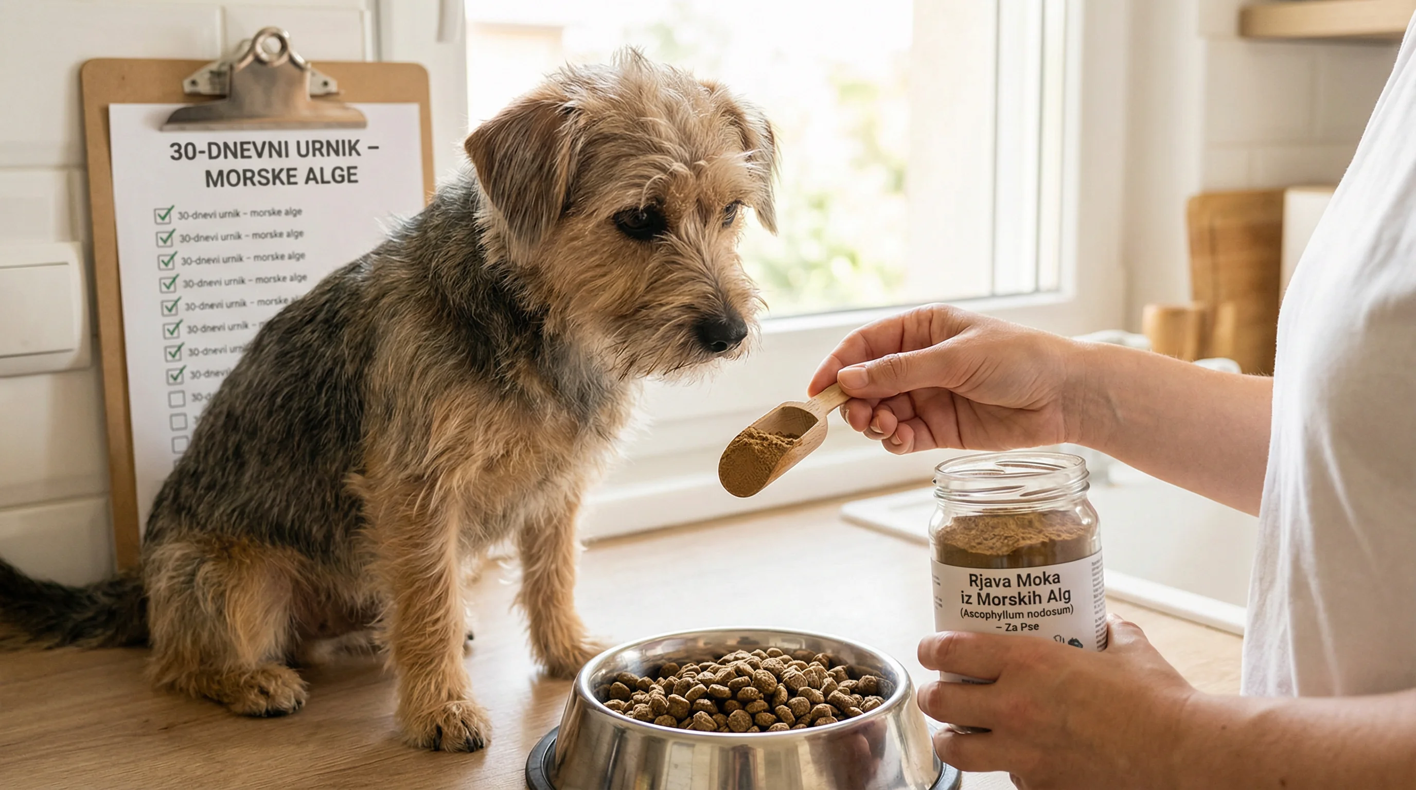 A medium-sized mixed-breed dog next to a food bowl while the owner measures a small scoop of brown seaweed powder (Ascophyllum nodosum) over kibble; a