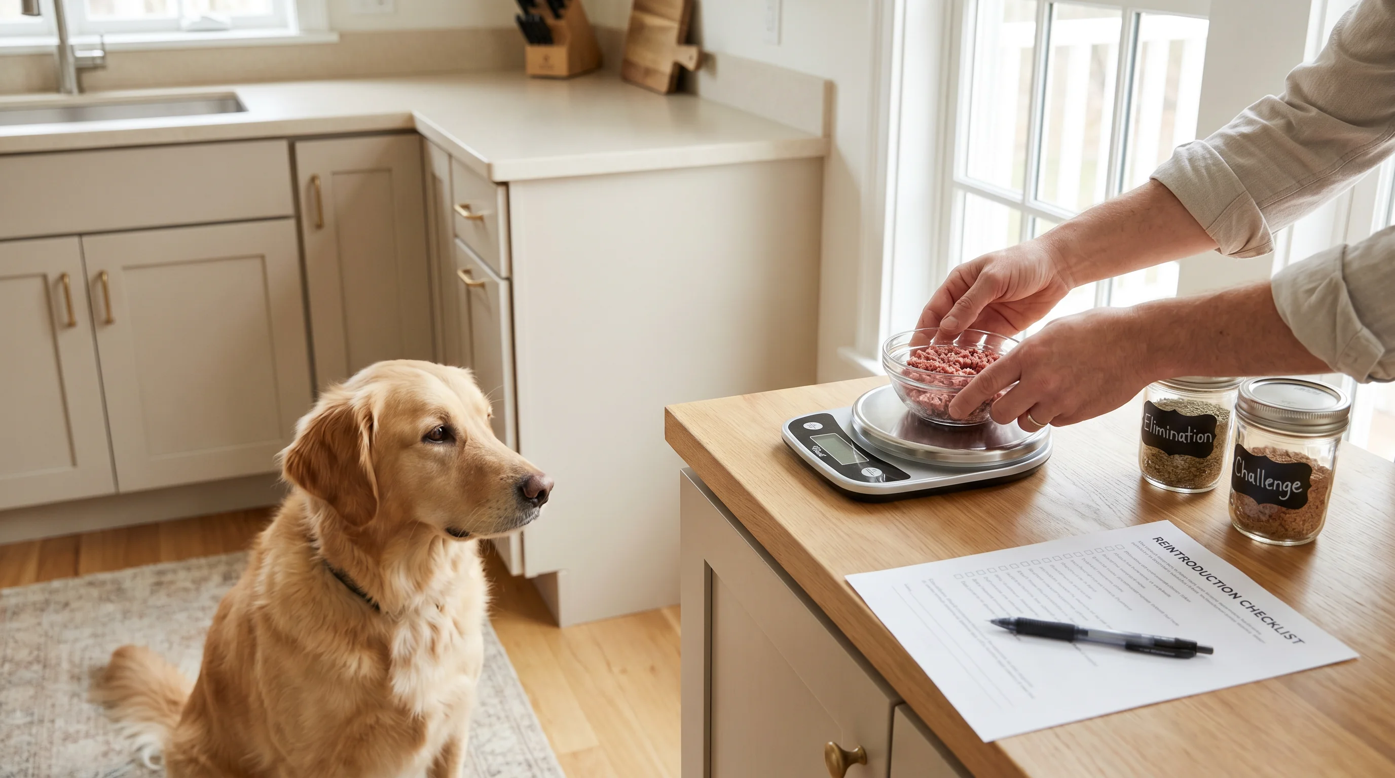 A medium-sized dog waiting calmly by a kitchen counter while a pair of hands (no face visible) weighs a small portion of a new protein on a digital fo