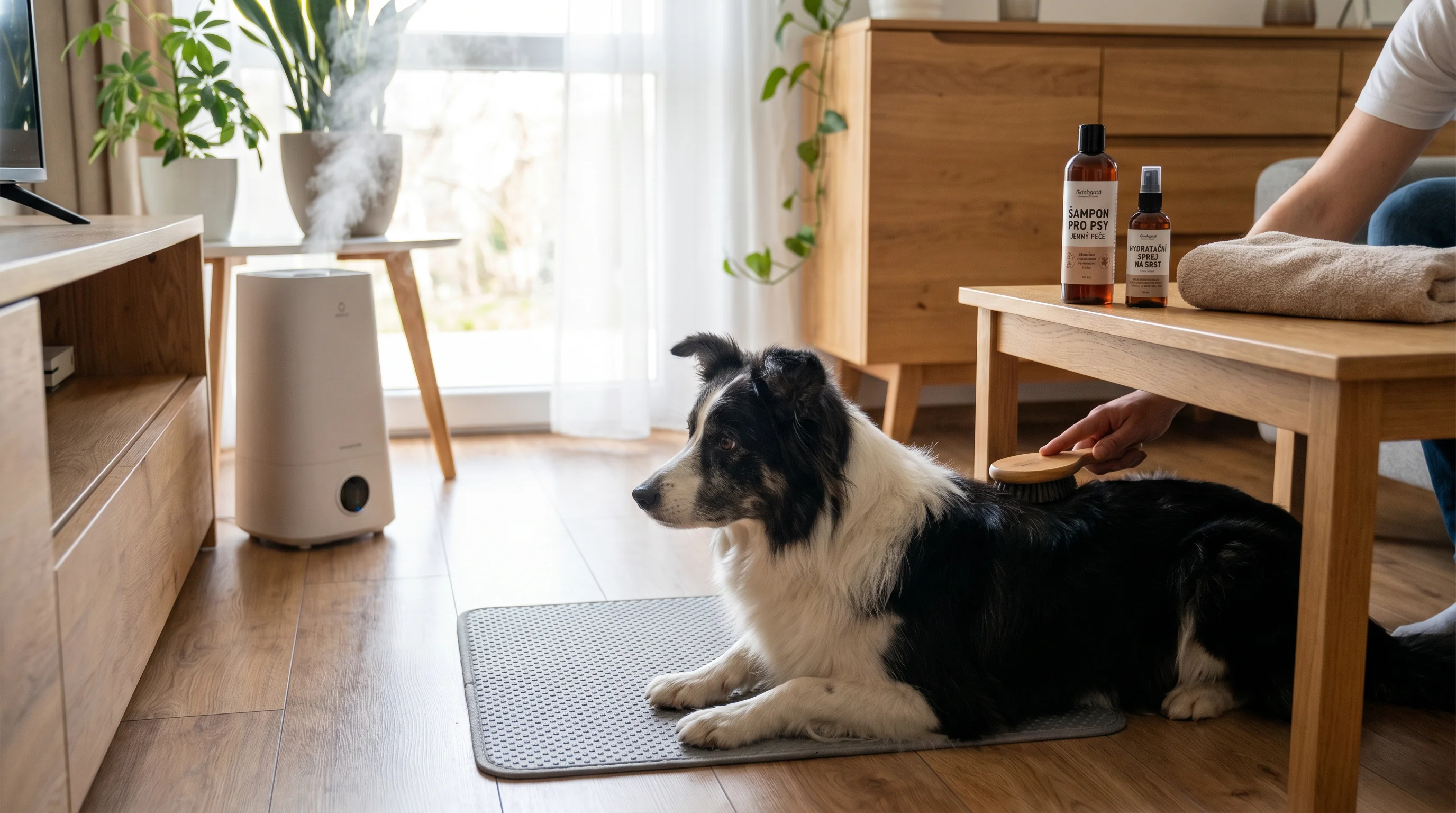 Cozy home scene: a medium-sized dog (border collie type) being gently brushed on a non-slip mat beside a running cool-mist humidifier. On a nearby tab