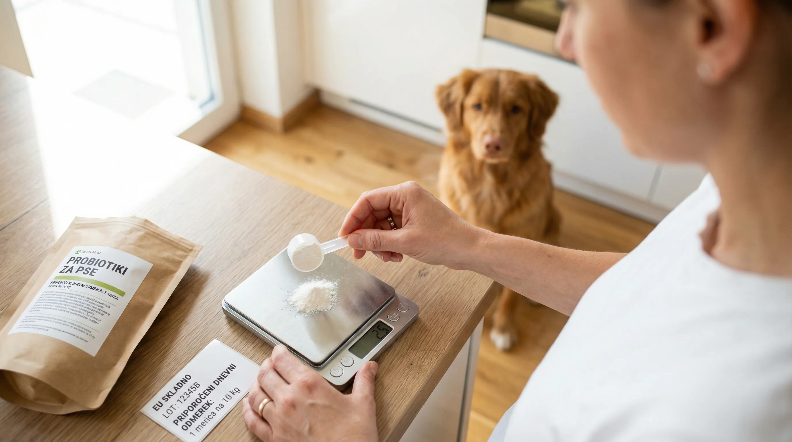 A close-up, over-the-shoulder view of hands measuring a pet probiotic powder with a small scoop onto a digital scale while reading an EU-compliant sup